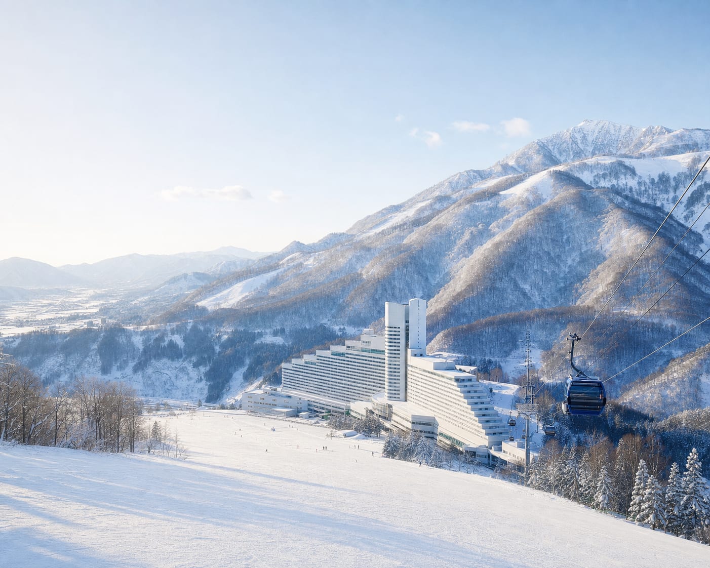 Naeba's vast stepped hotel and gondola beneath the snowy Niigata mountains