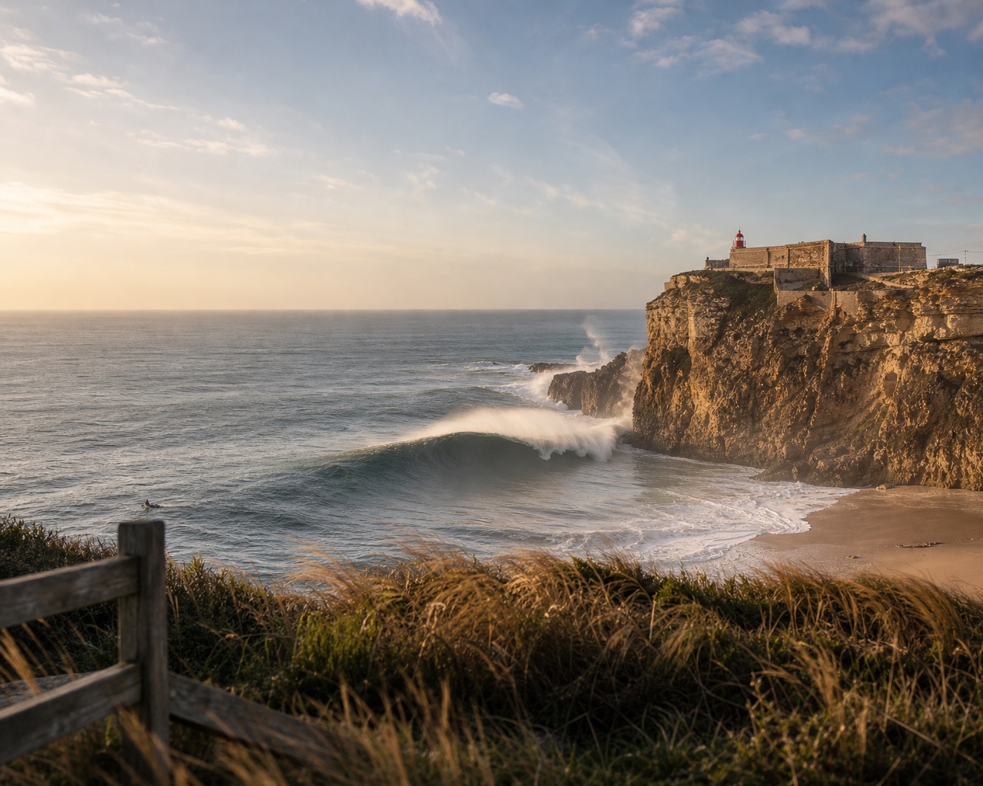 Atlantic swell beneath the Fort of São Miguel Arcanjo and its red lighthouse in Nazaré
