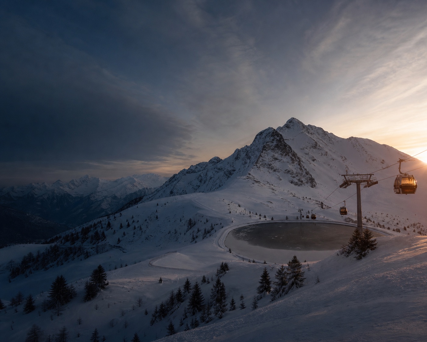 Tracouet's frozen Lac Noir, gondola and the snowy Dent de Nendaz