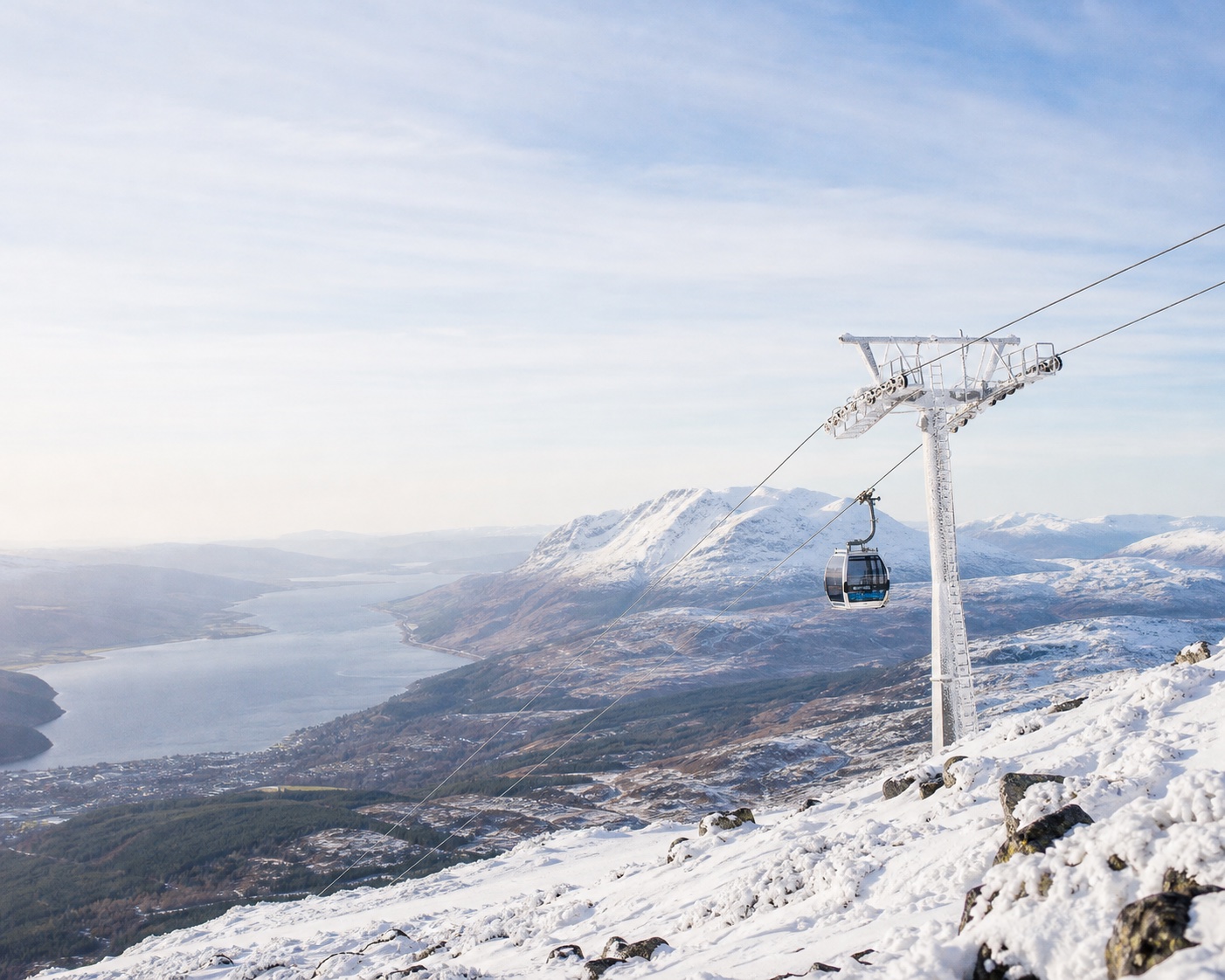 Nevis Range gondola above Lochaber with Ben Nevis beyond