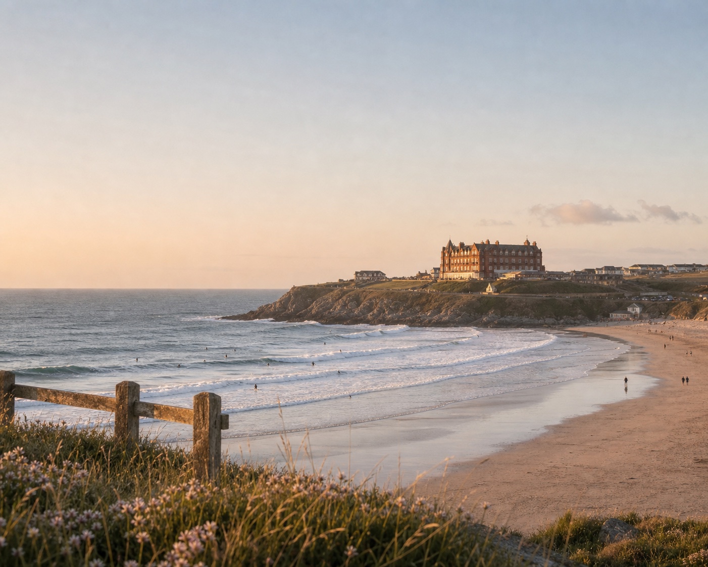 Fistral Beach and the Headland Hotel in soft Cornish evening light
