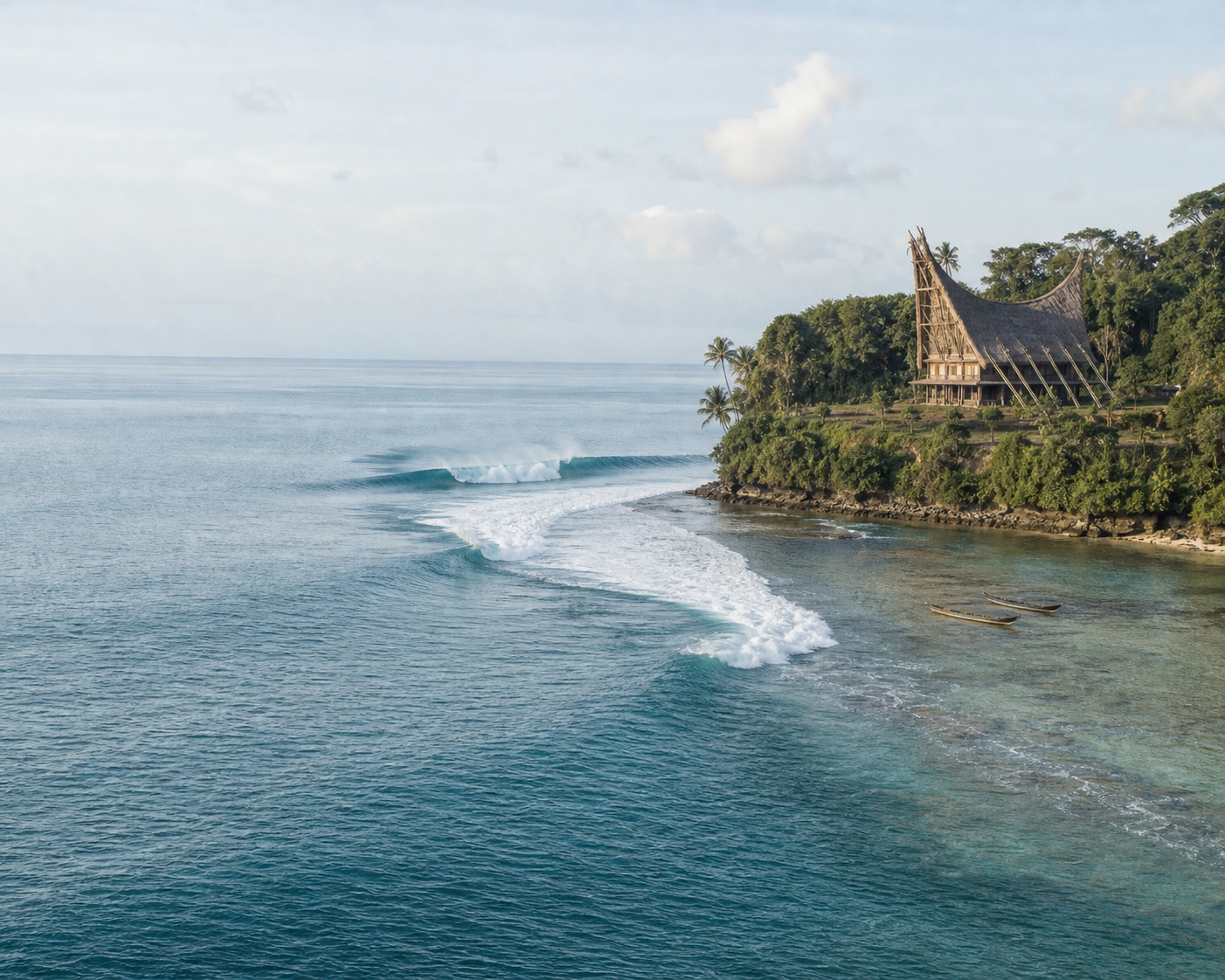 Nias right-hander and traditional house beside Lagundri Bay