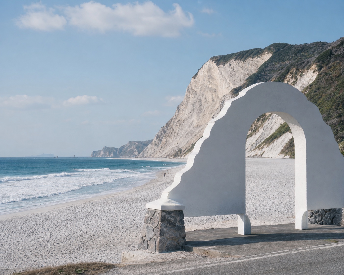 Habushiura surf beside Niijima's white beach gate and volcanic cliffs