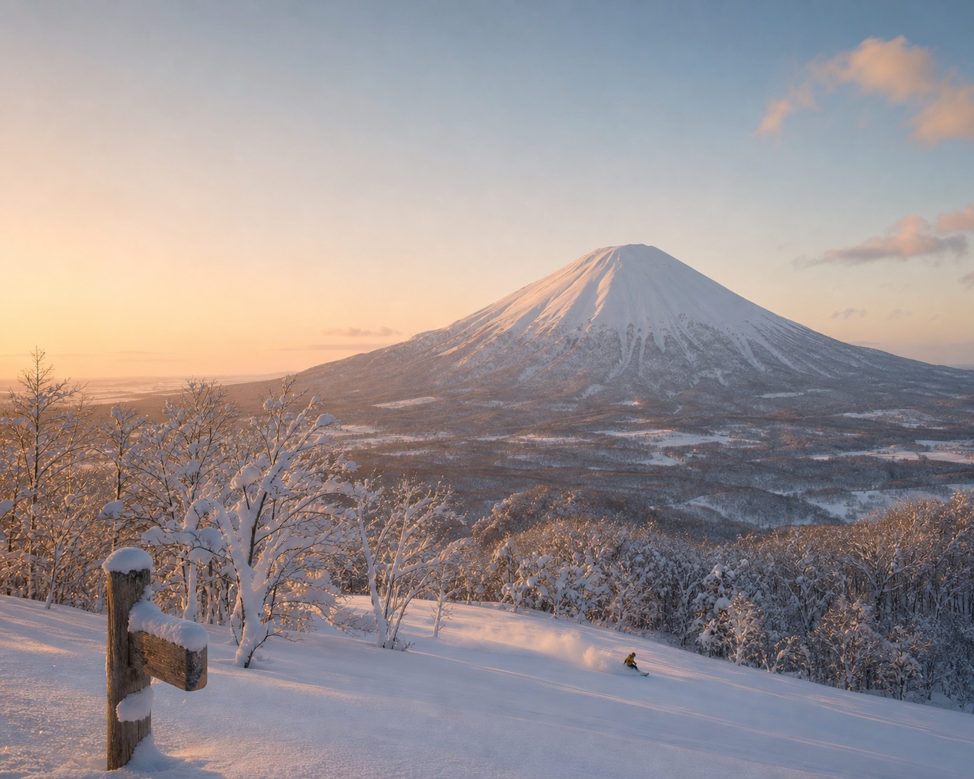 A skier in fresh Niseko powder beneath snow-covered Mount Yotei