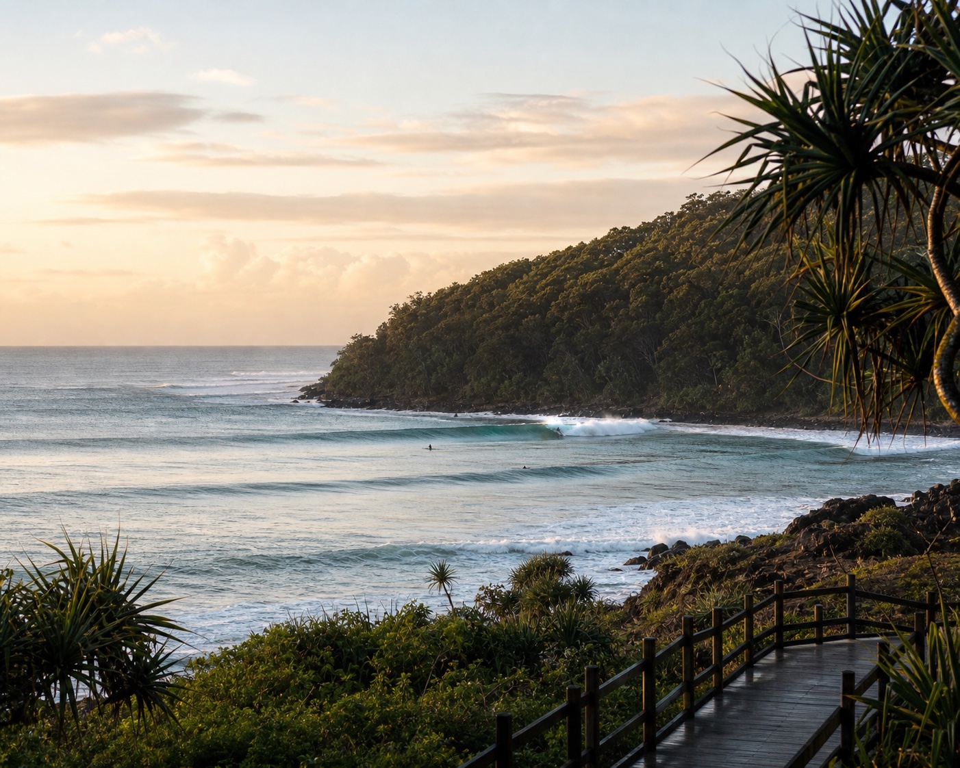 A long First Point wave beside Noosa National Park and its coastal boardwalk