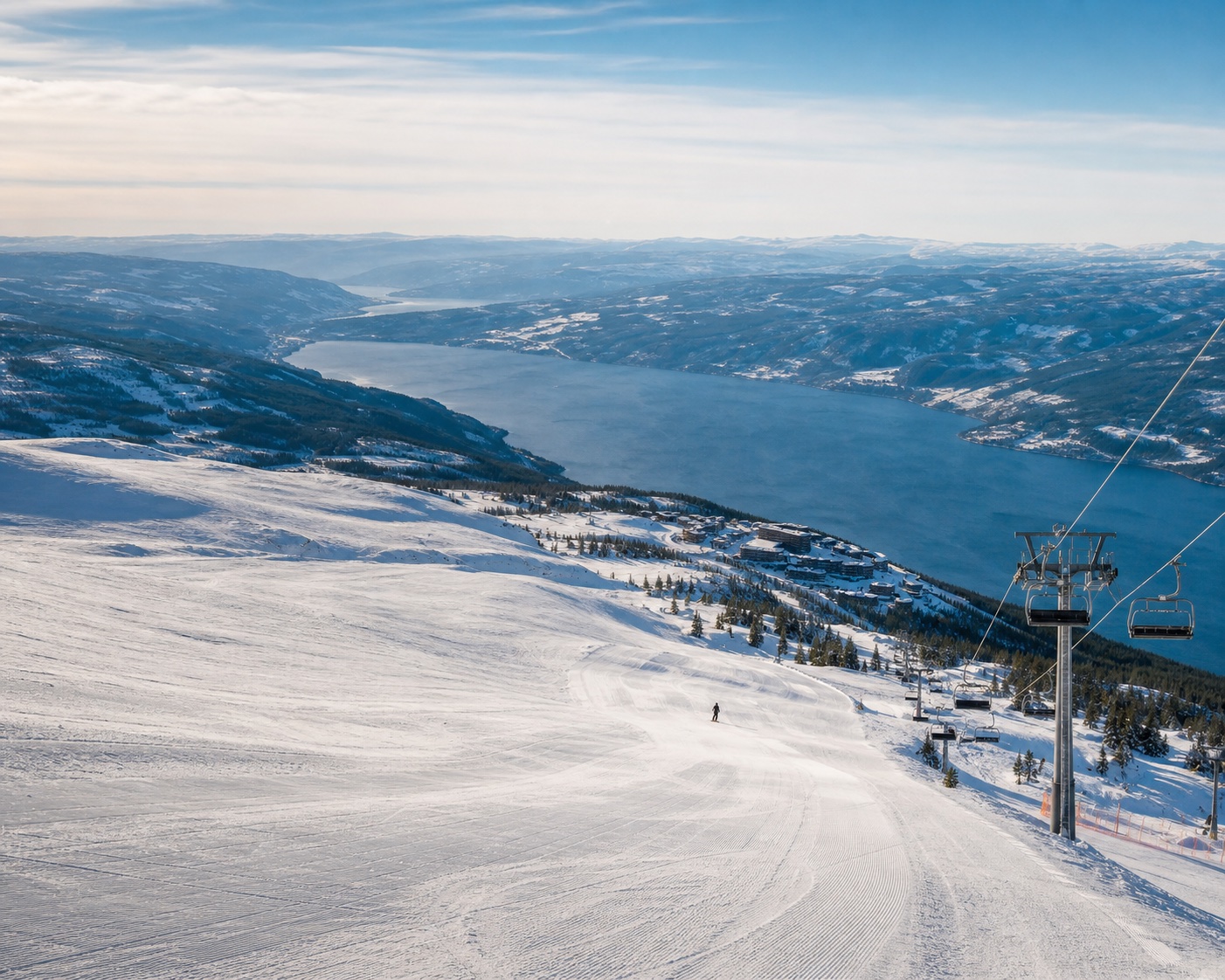 Norefjell pistes descending towards Lake Krøderen