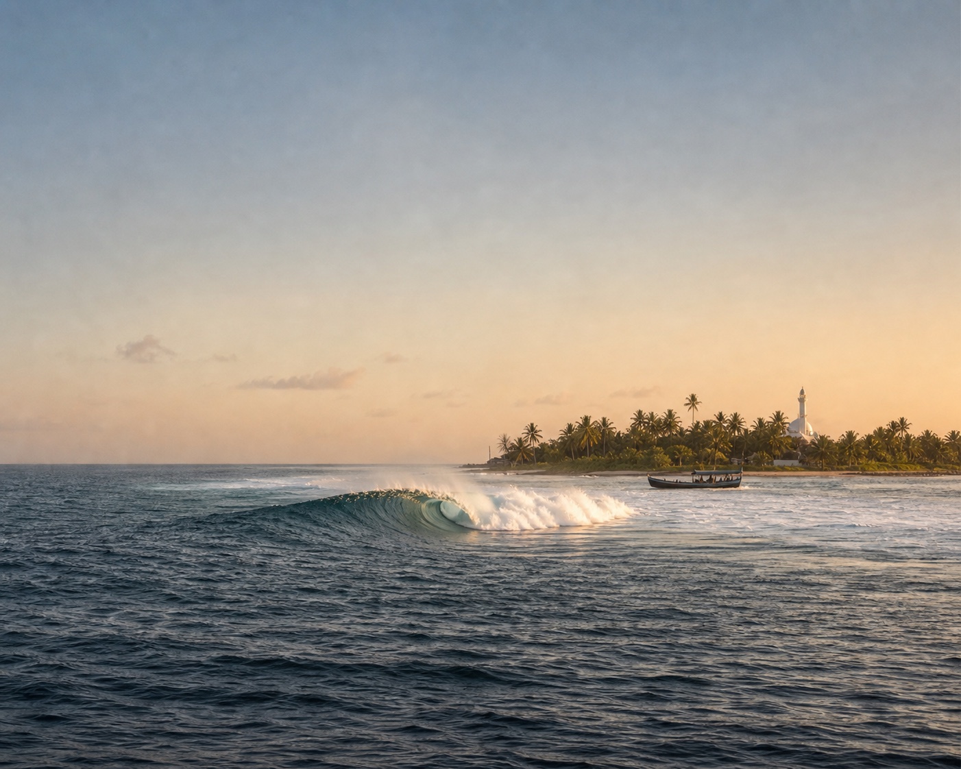 A North Malé reef wave beside a palm island, white minaret and Maldivian dhoni