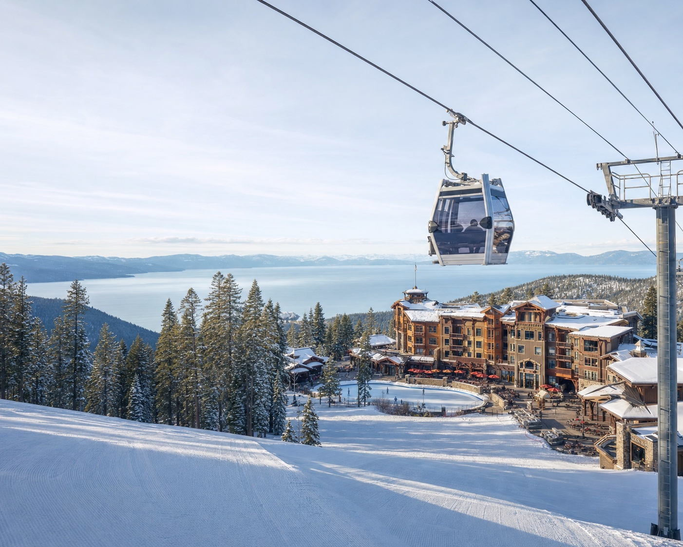 Northstar gondola above its timber village and the Lake Tahoe forest