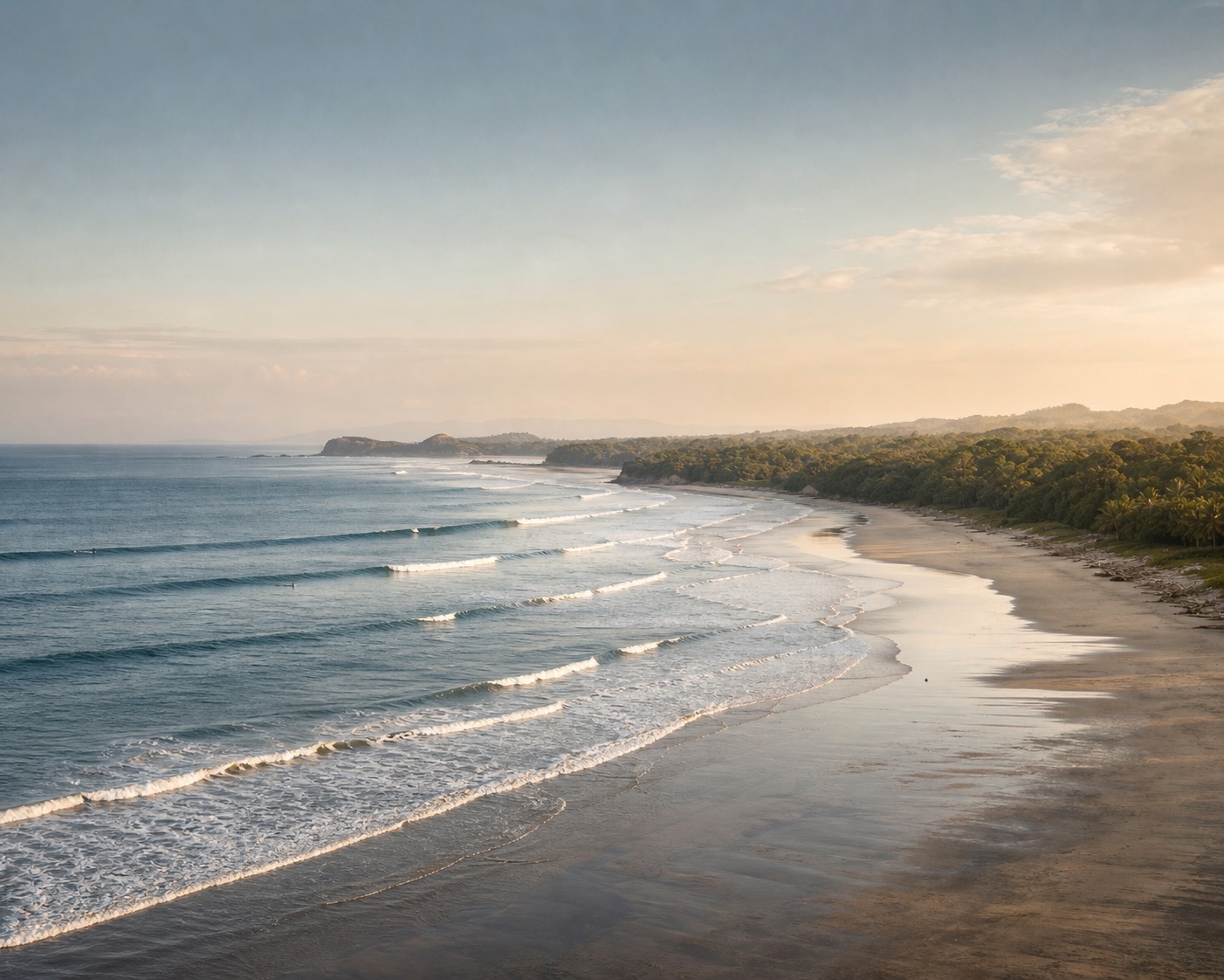 Surf lines along Playa Guiones and its protected forest coast near Nosara