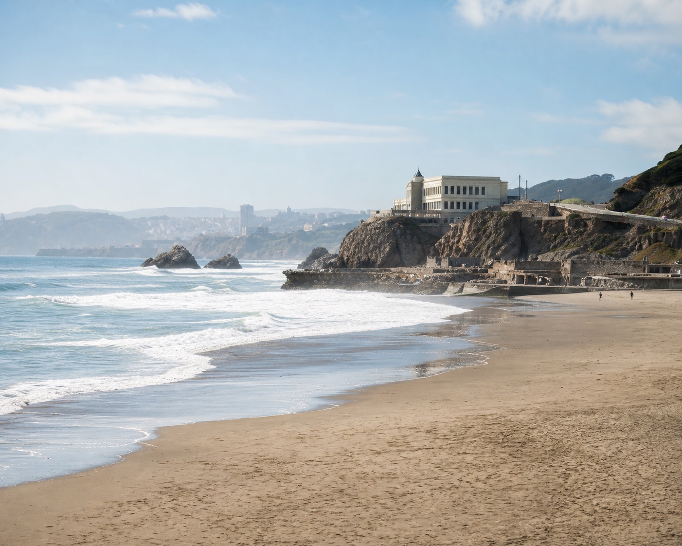 San Francisco's Ocean Beach surf beneath Cliff House and Sutro Baths