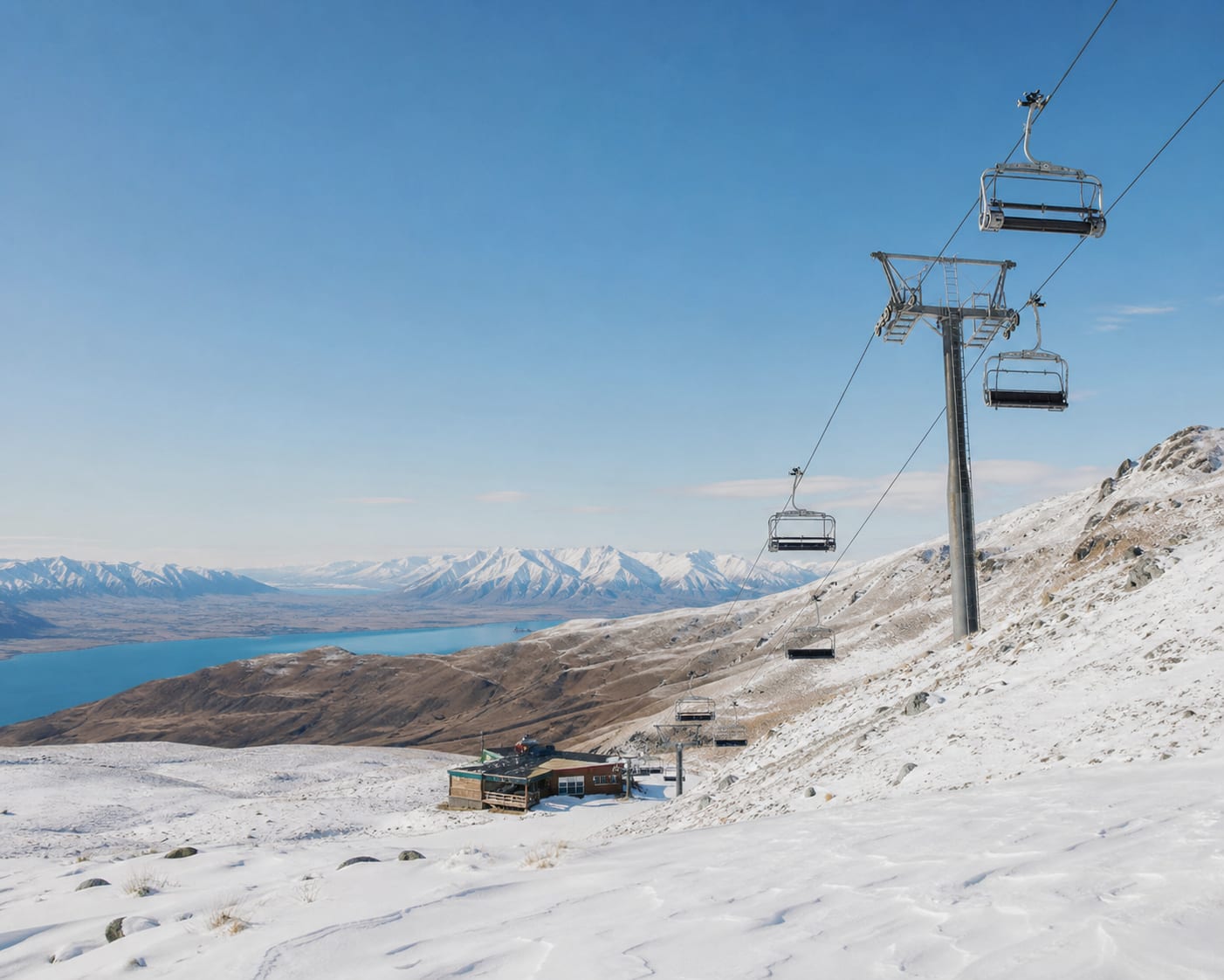 Ohau chairlift above its quiet snowfield with Lake Ohau far below