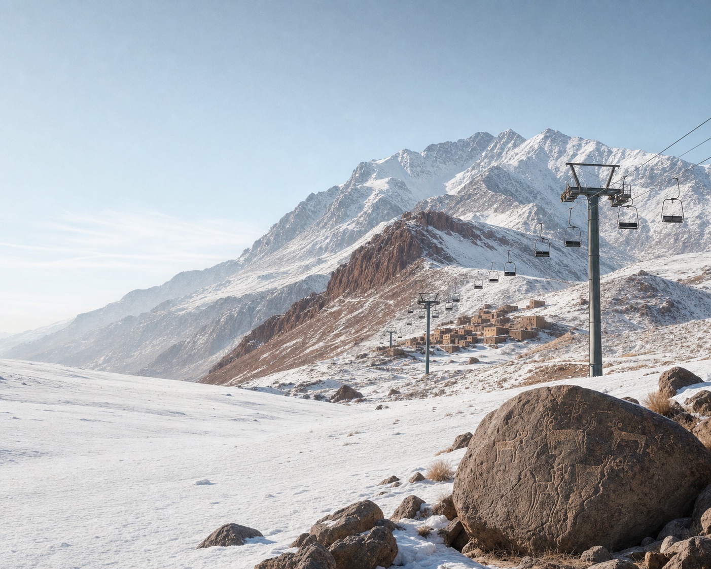 Oukaïmeden chairlift and Amazigh plateau beneath the High Atlas