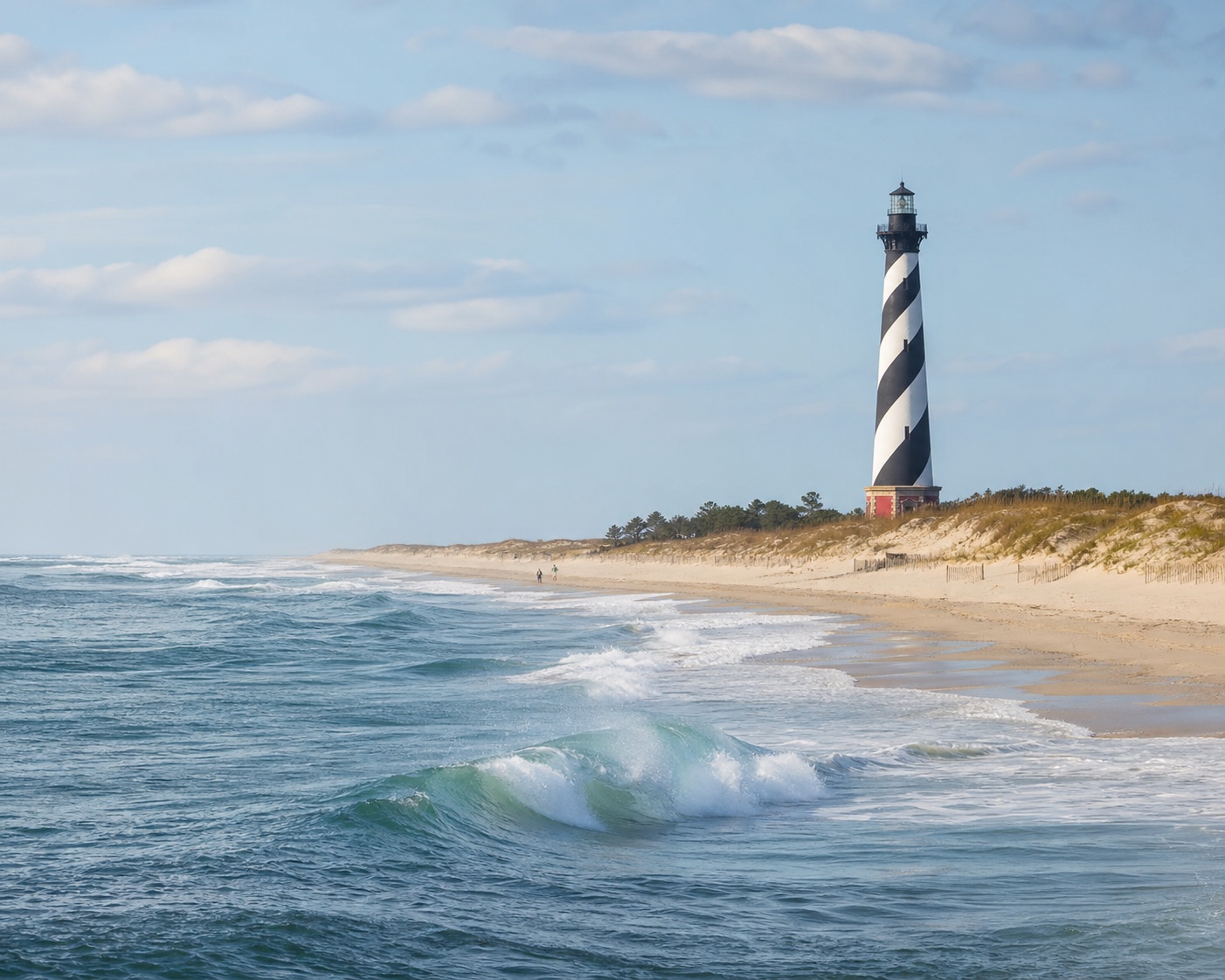 Outer Banks surf beneath the striped Cape Hatteras Lighthouse