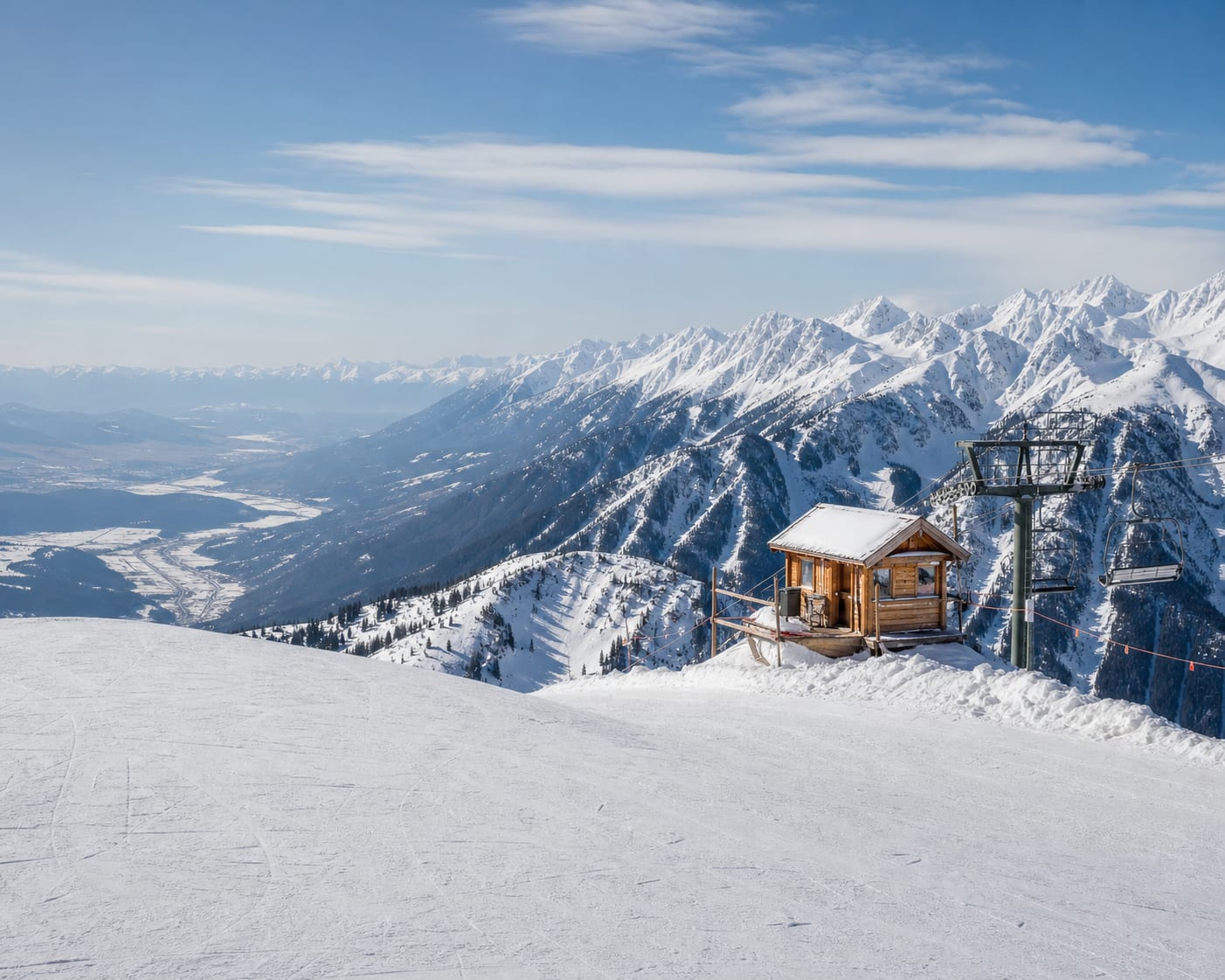 Panorama's Summit Hut and chairlift before the jagged Purcell Mountains