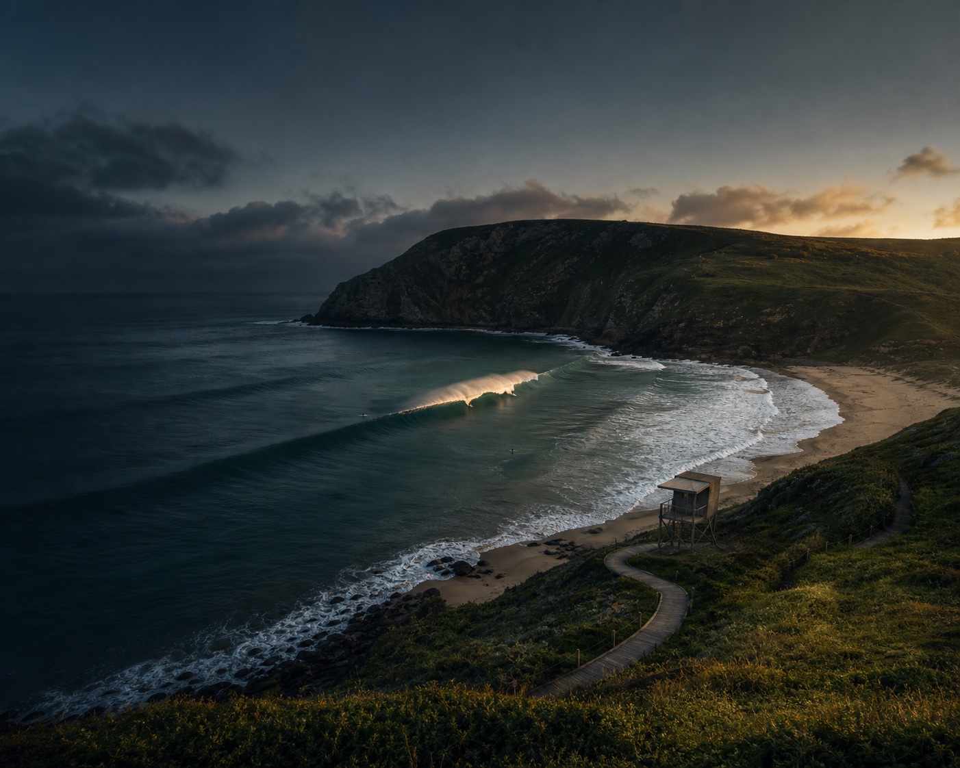 Pantín's long Lomo Verde wave peeling inside its green Galician bay