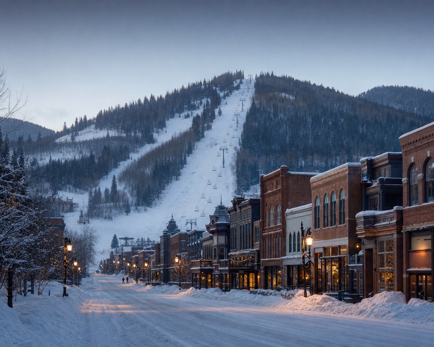 Park City's Town Lift rising from snowy Historic Main Street