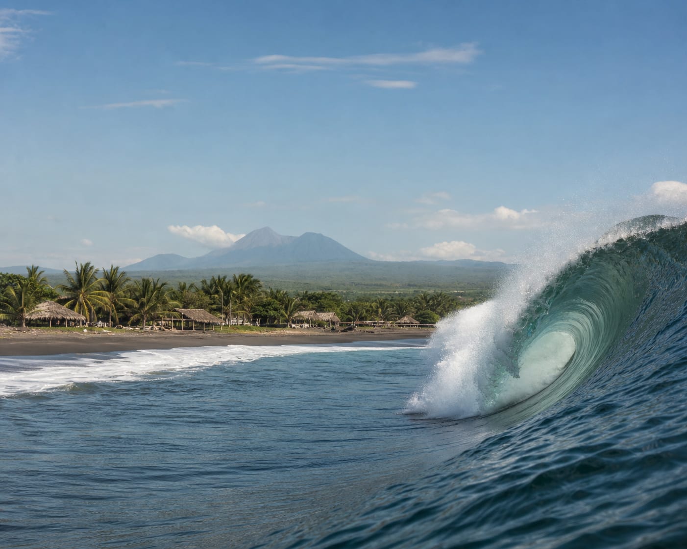 A powerful Pascuales barrel breaking before Colima's palm-backed coast