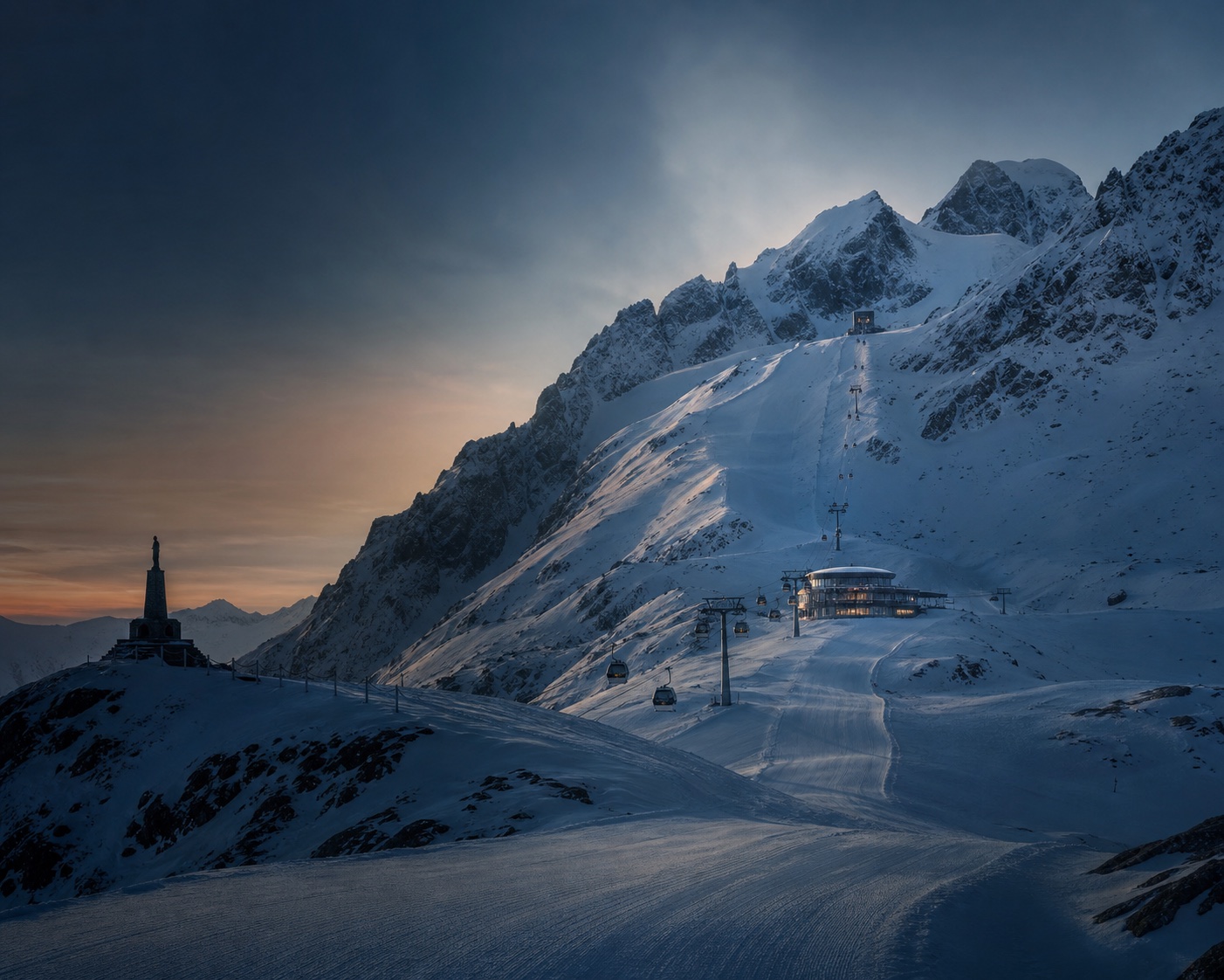 Passo Tonale's Presena glacier, Paradiso gondola and war memorial