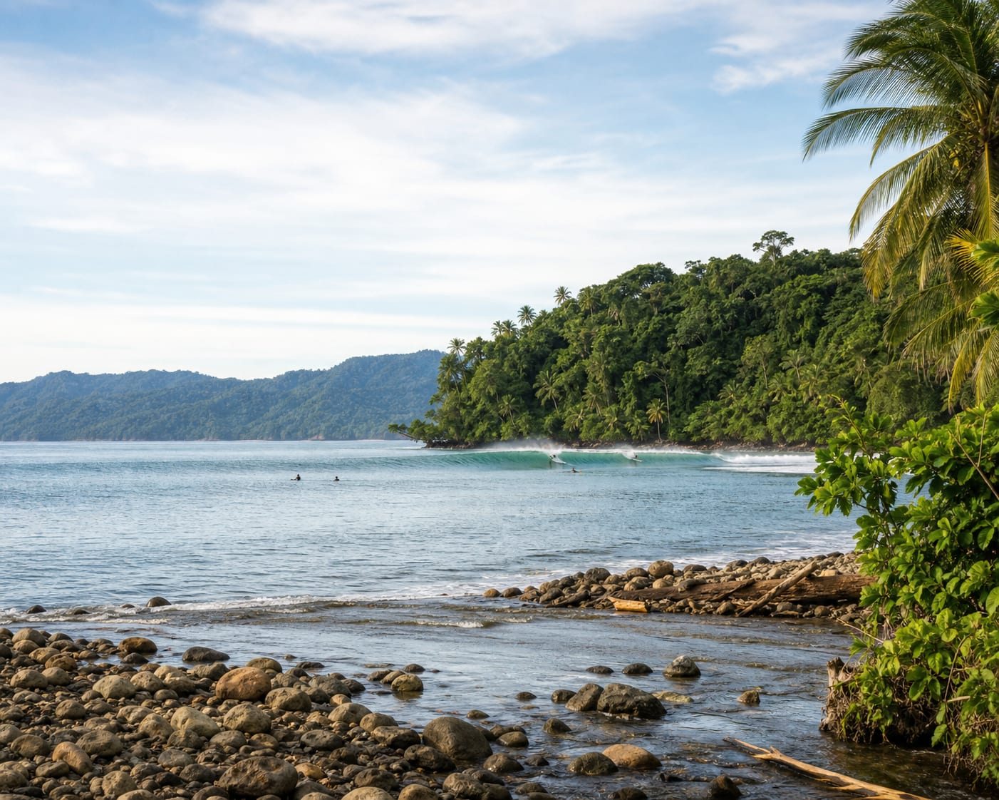 Pavones' long left-hand wave wrapping around its forested Golfo Dulce point