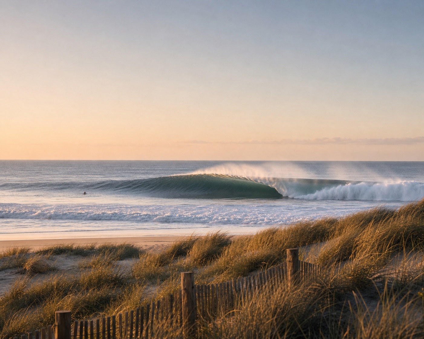 A hollow Supertubos wave beyond the dune grass and sand fencing at Peniche