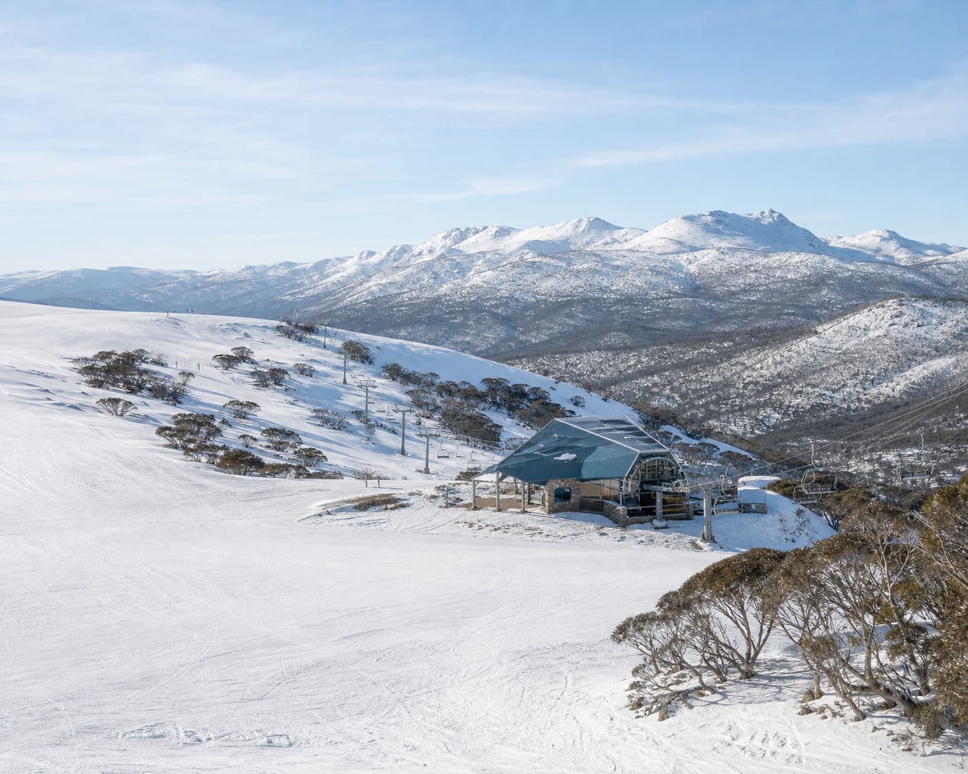 Perisher's Blue Cow terminal and chairlifts beneath the Kosciuszko Main Range