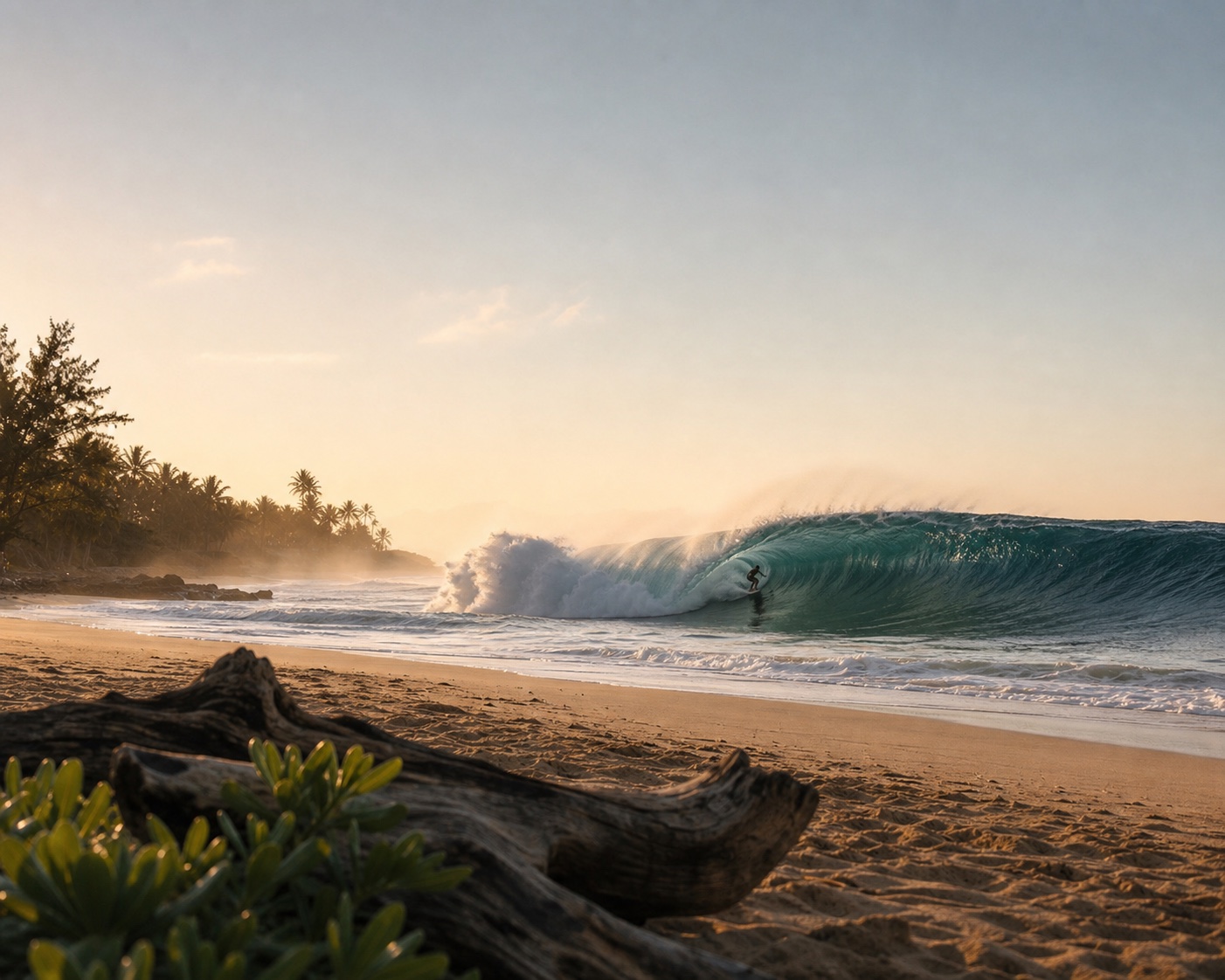 A surfer inside a backlit barrel at Banzai Pipeline on Oahu's North Shore