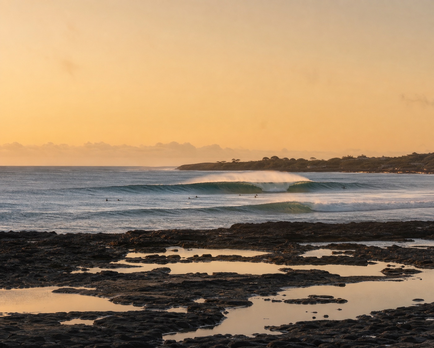 Offshore wind feathering Popoyo's reef wave beyond Guasacate tide pools