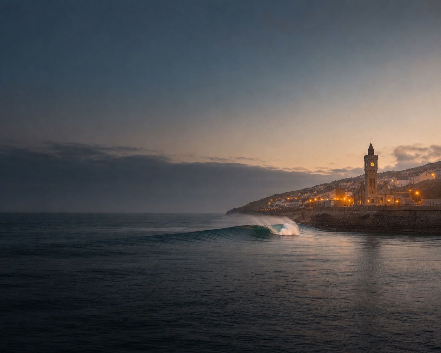 A reef wave breaking beside Porthleven harbour and its landmark clock tower