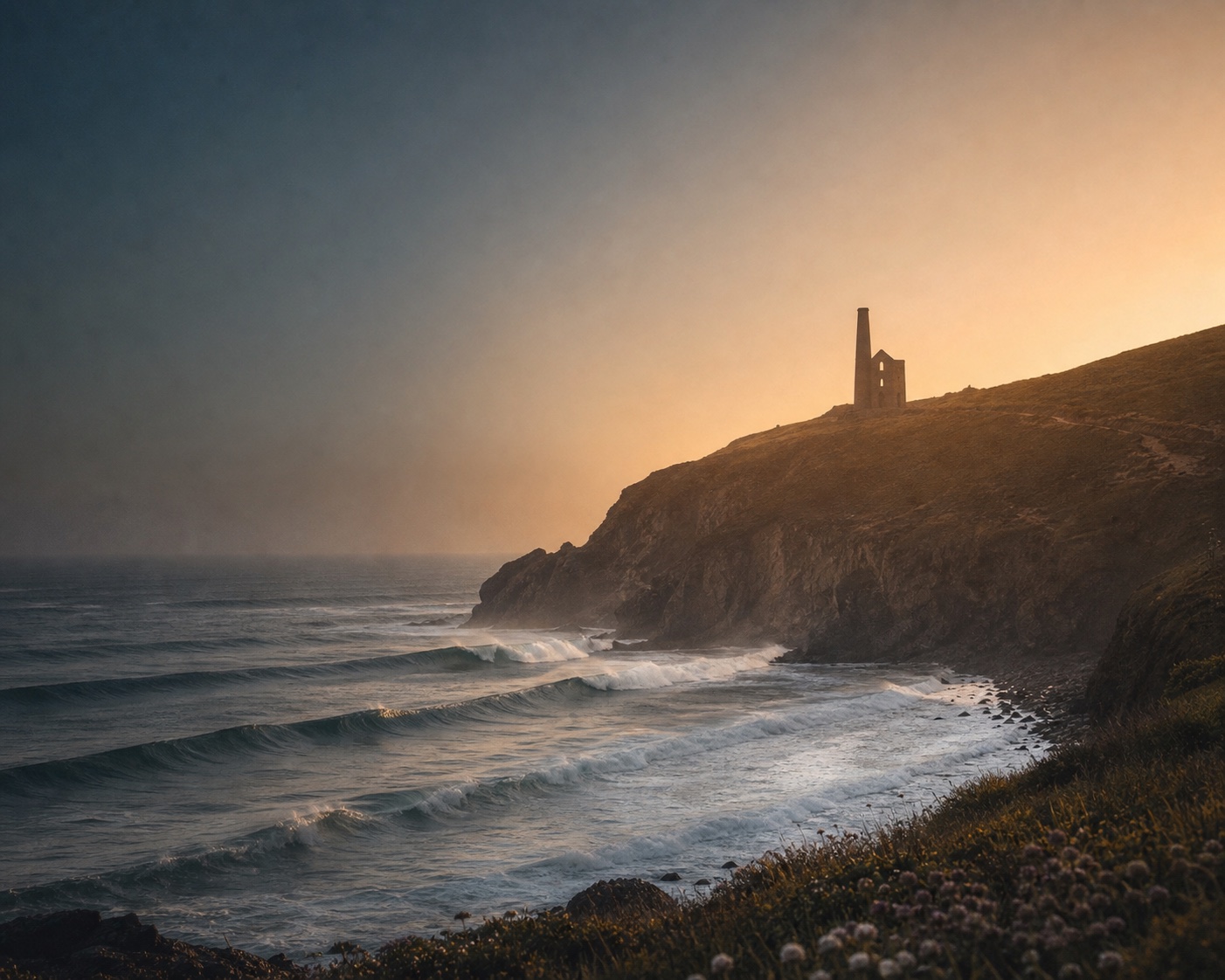 Porthtowan surf beneath the Wheal Coates engine house and mine chimney