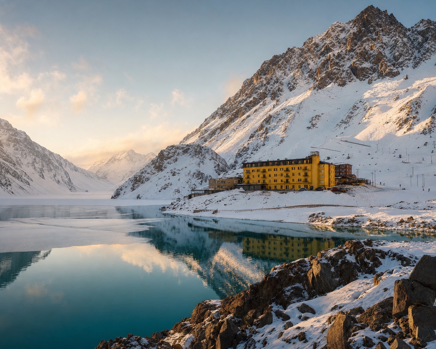 The yellow Hotel Portillo beside the partly frozen Laguna del Inca