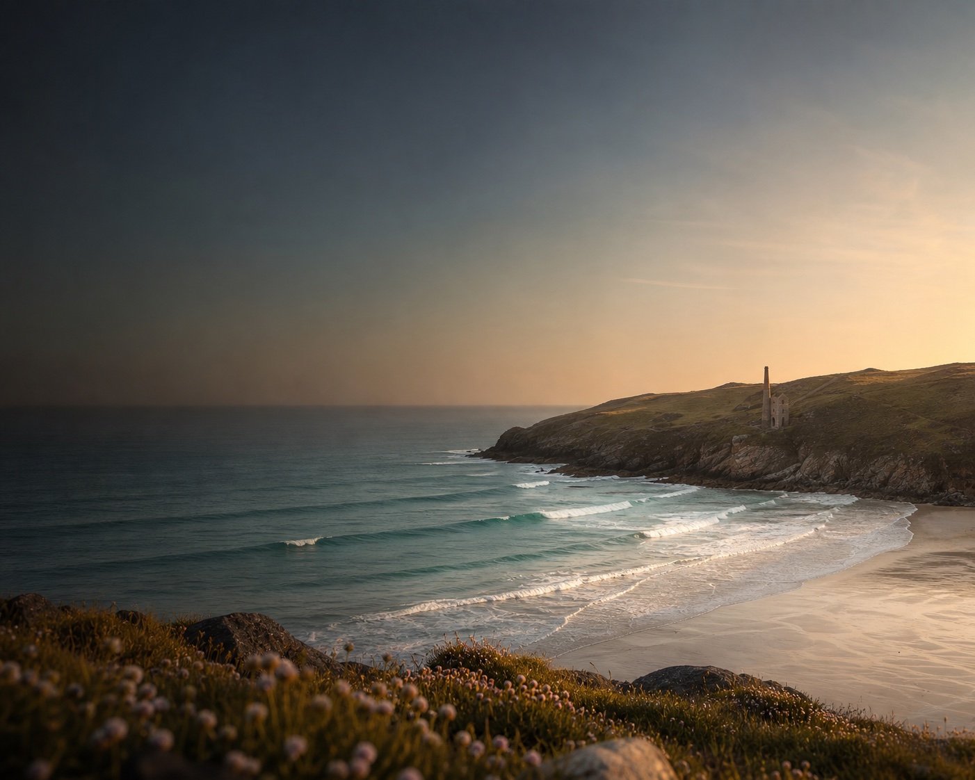 Turquoise waves at Praa Sands beneath a weathered Cornish mine engine house