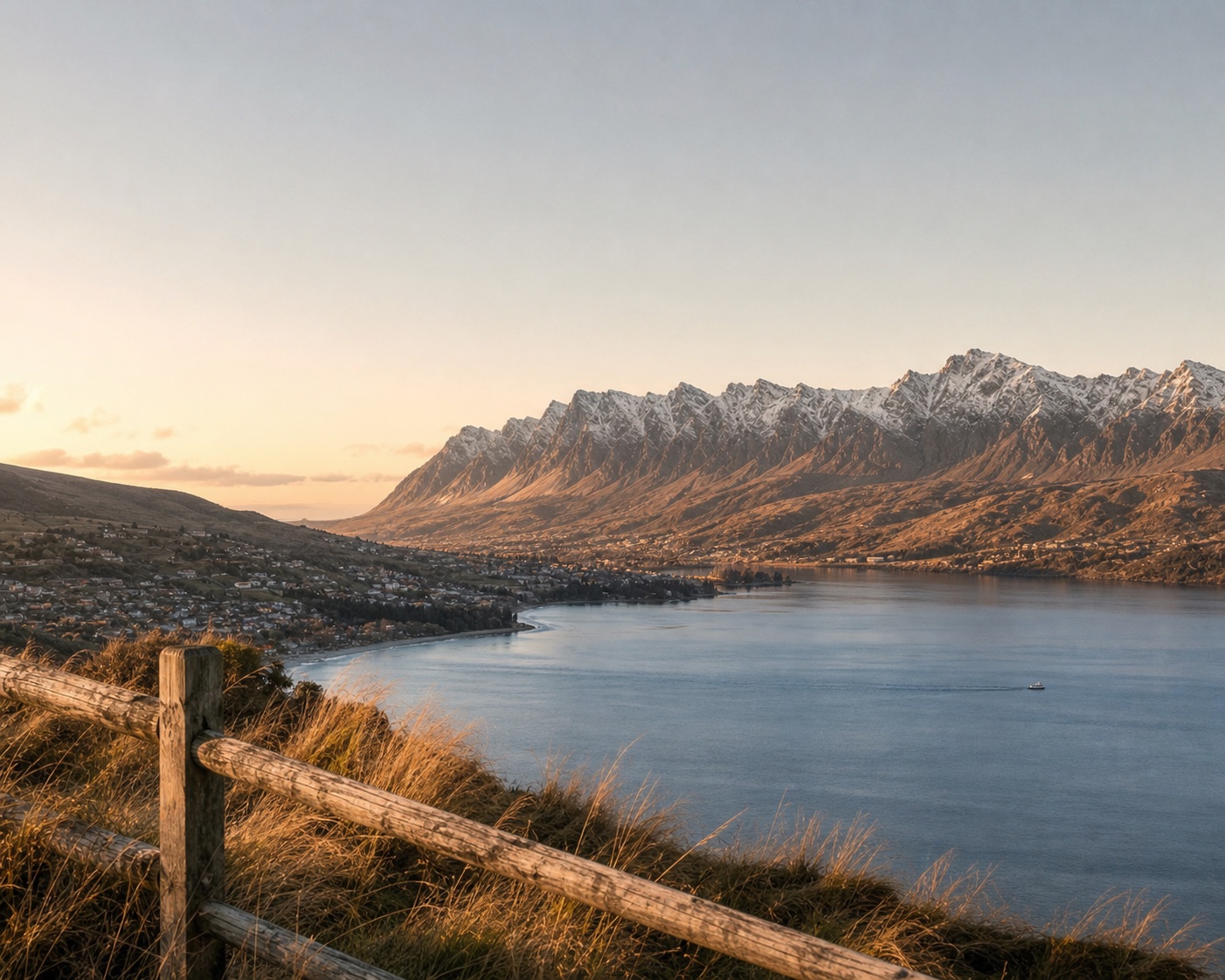 Lake Wakatipu and the snow-dusted Remarkables at golden hour