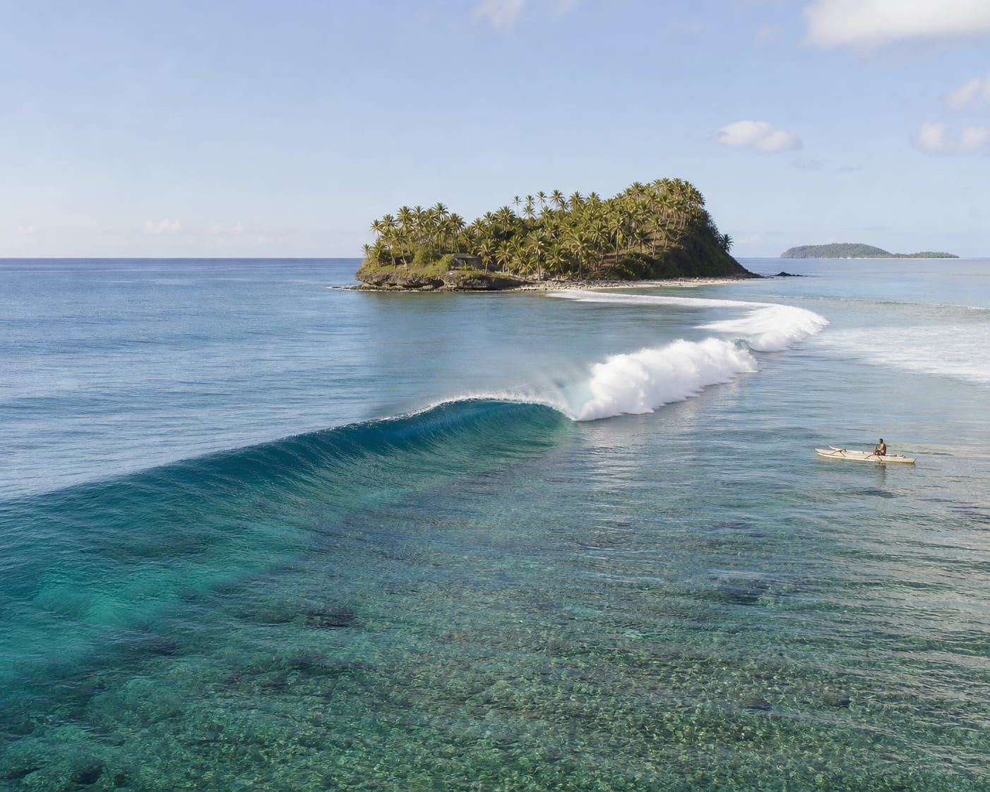 Restaurants reef wave peeling beside the palm-covered islands of Fiji