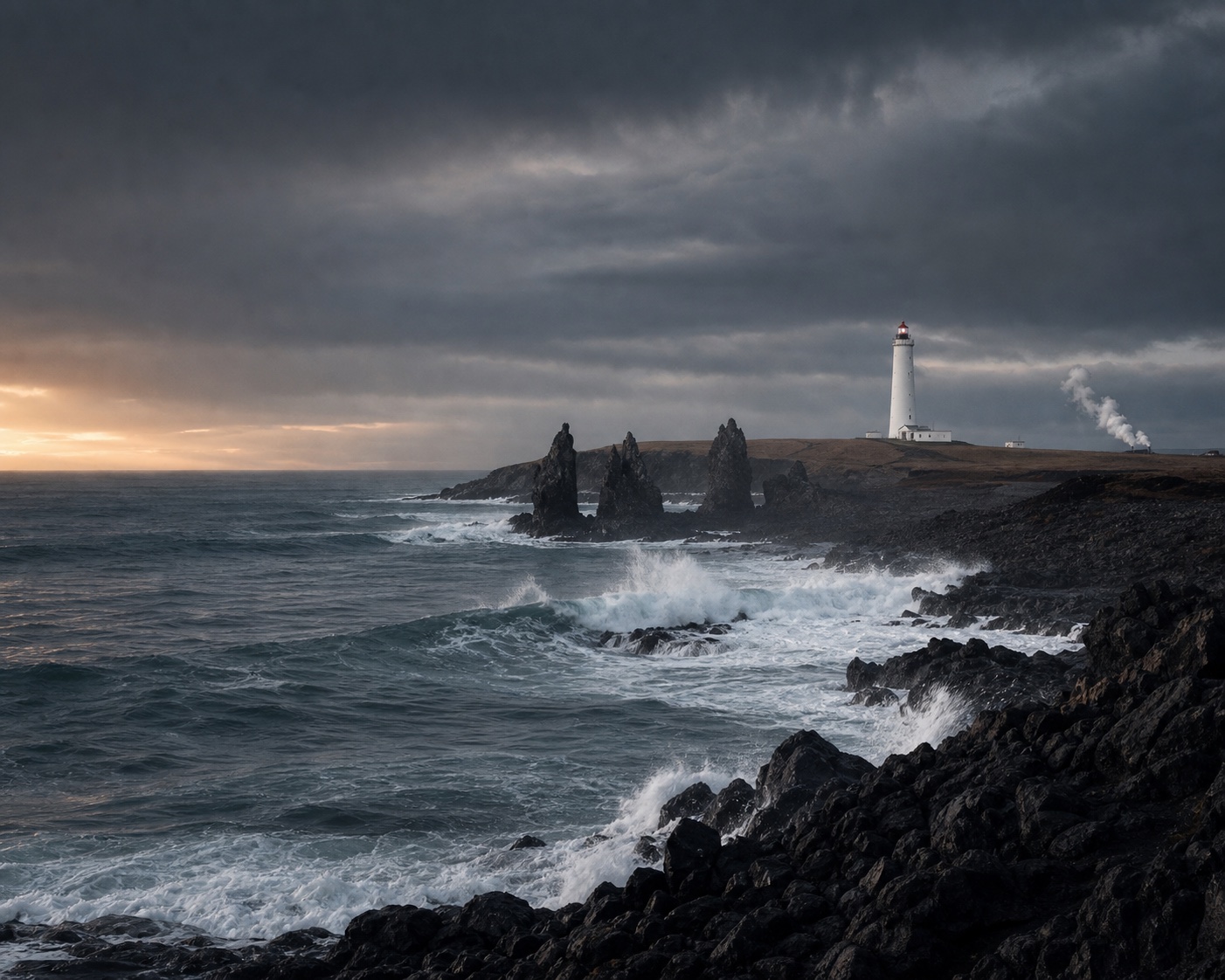 North Atlantic surf beneath Reykjanesviti lighthouse and black lava sea stacks