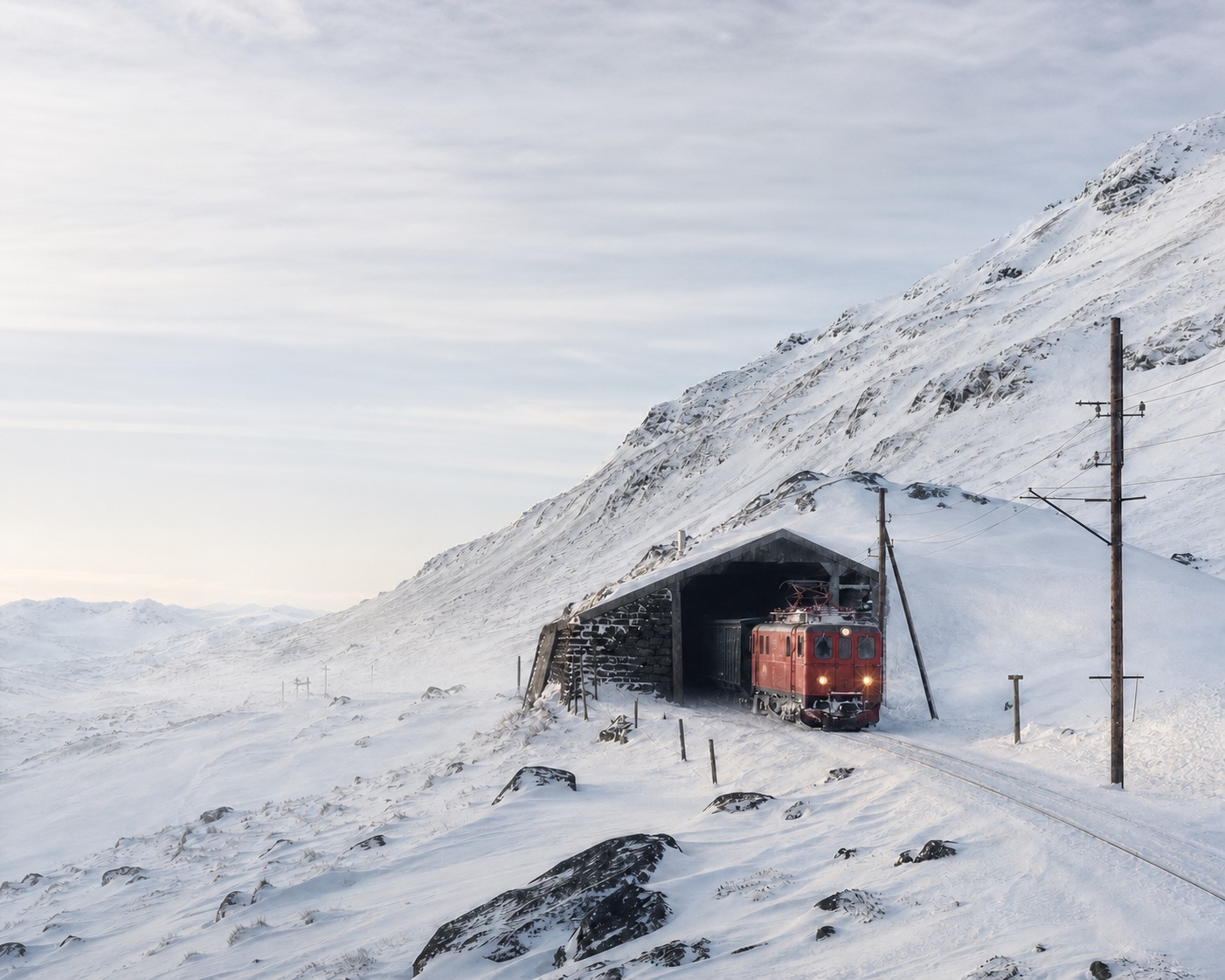 An Iron Ore Railway train beneath Nordalsfjäll at Riksgränsen