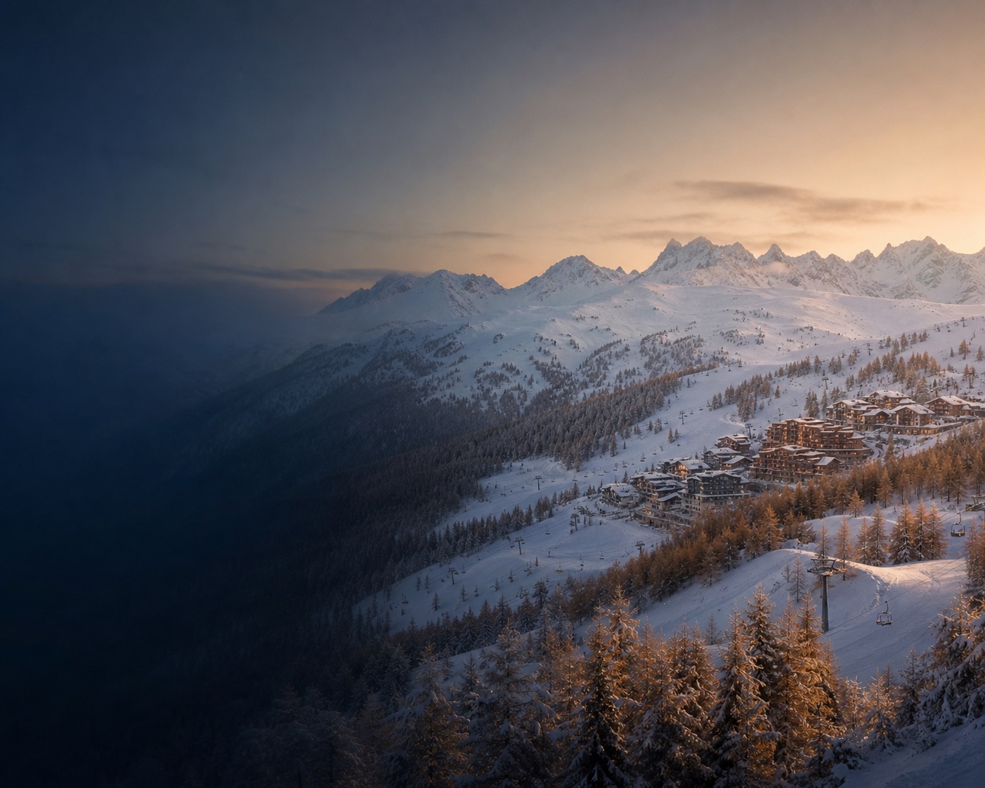 Risoul 1850 nestled among snowy larch forest beneath the Écrins peaks