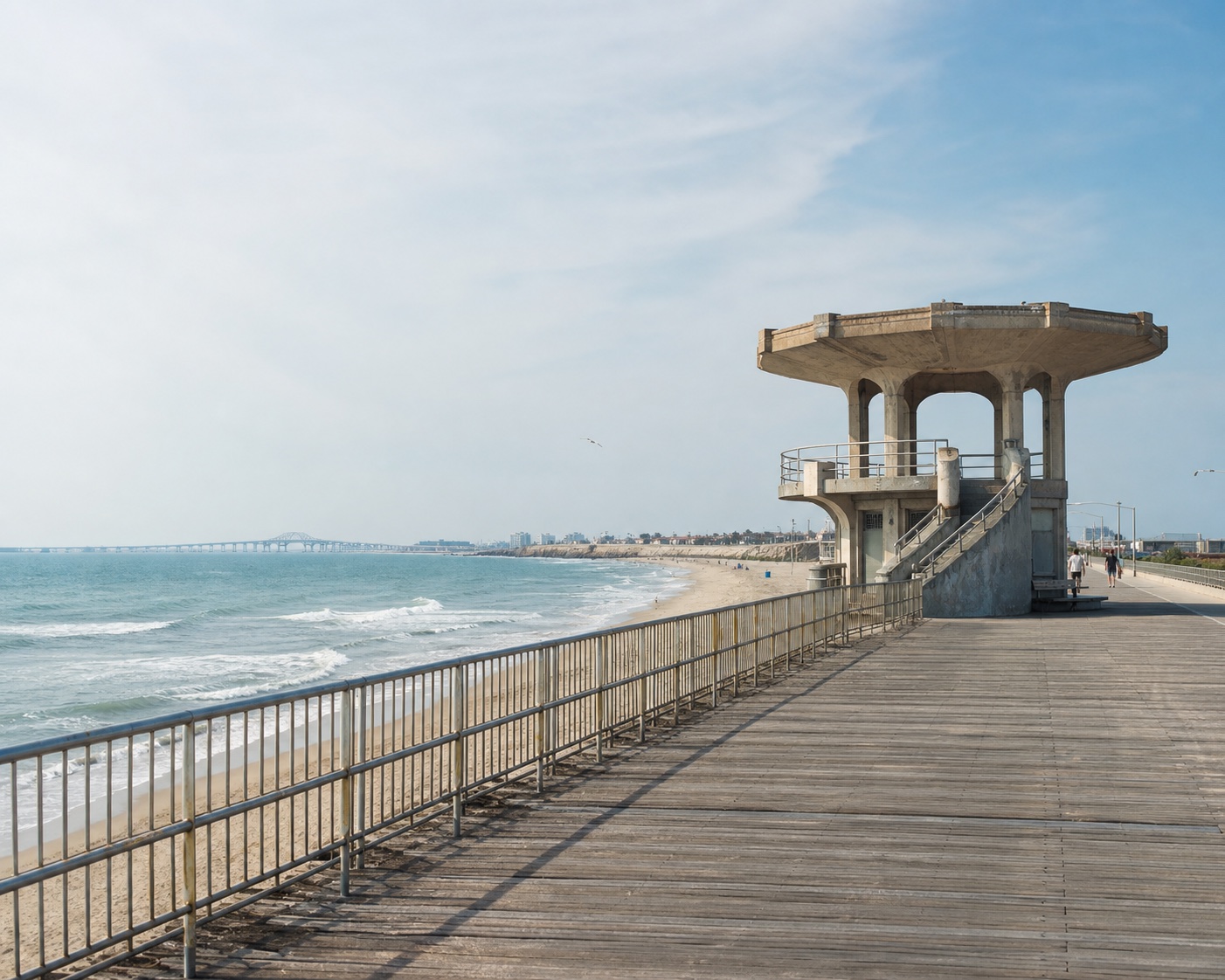 Rockaway Beach surf beside its boardwalk and concrete lifeguard pavilion
