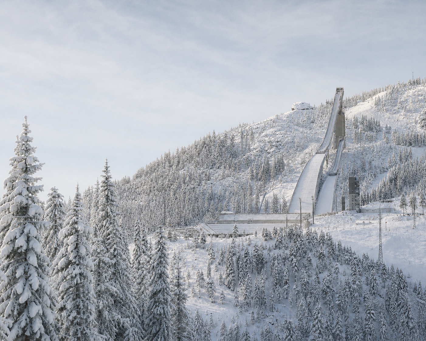 Ruka's ski-jumping hill rising above snow-covered forest