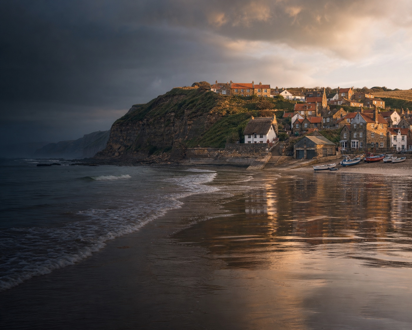 Runswick Bay's red-roofed fishing cottages above the reflective shore