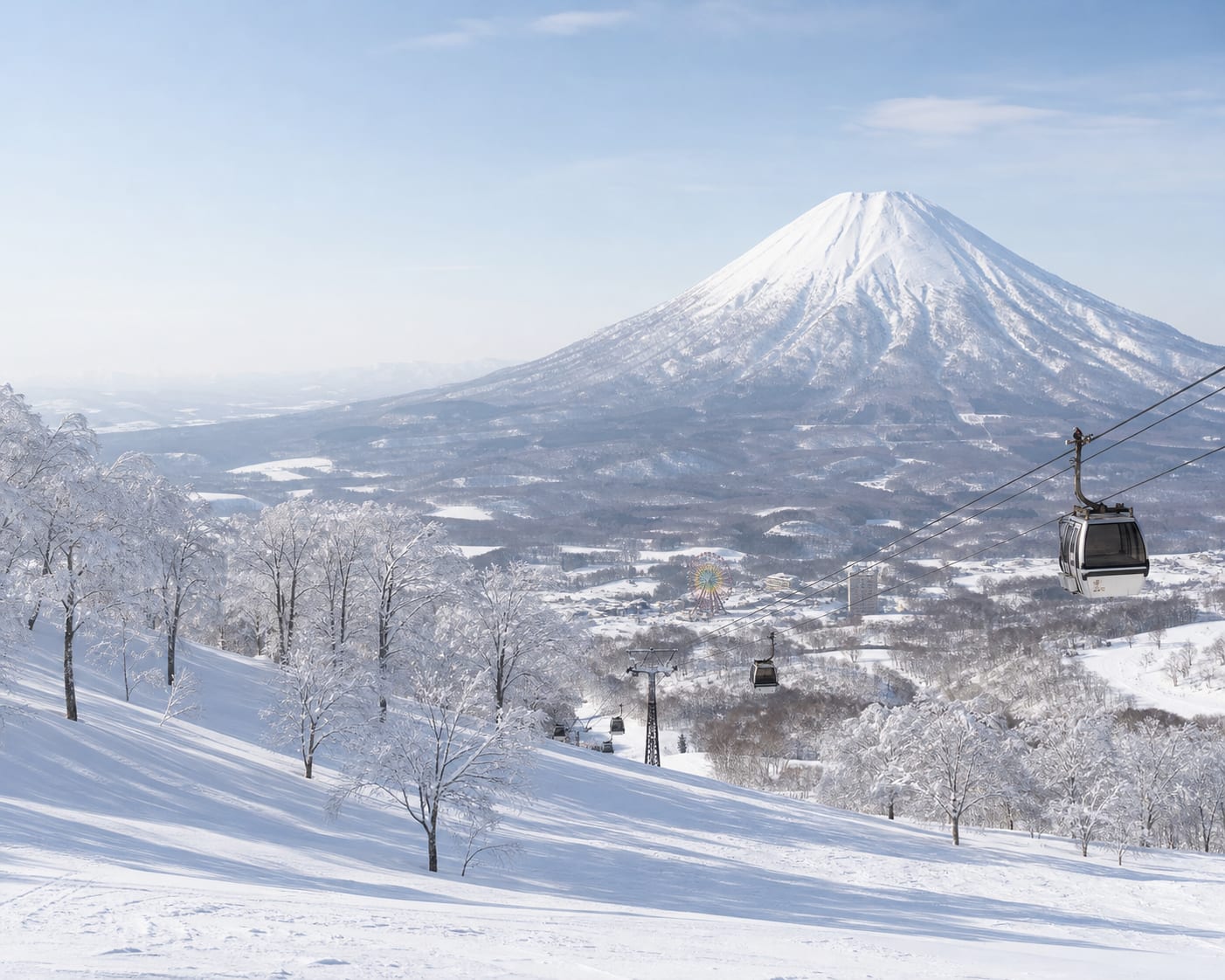 Rusutsu gondola crossing a snowy Hokkaido forest beneath Mount Yotei