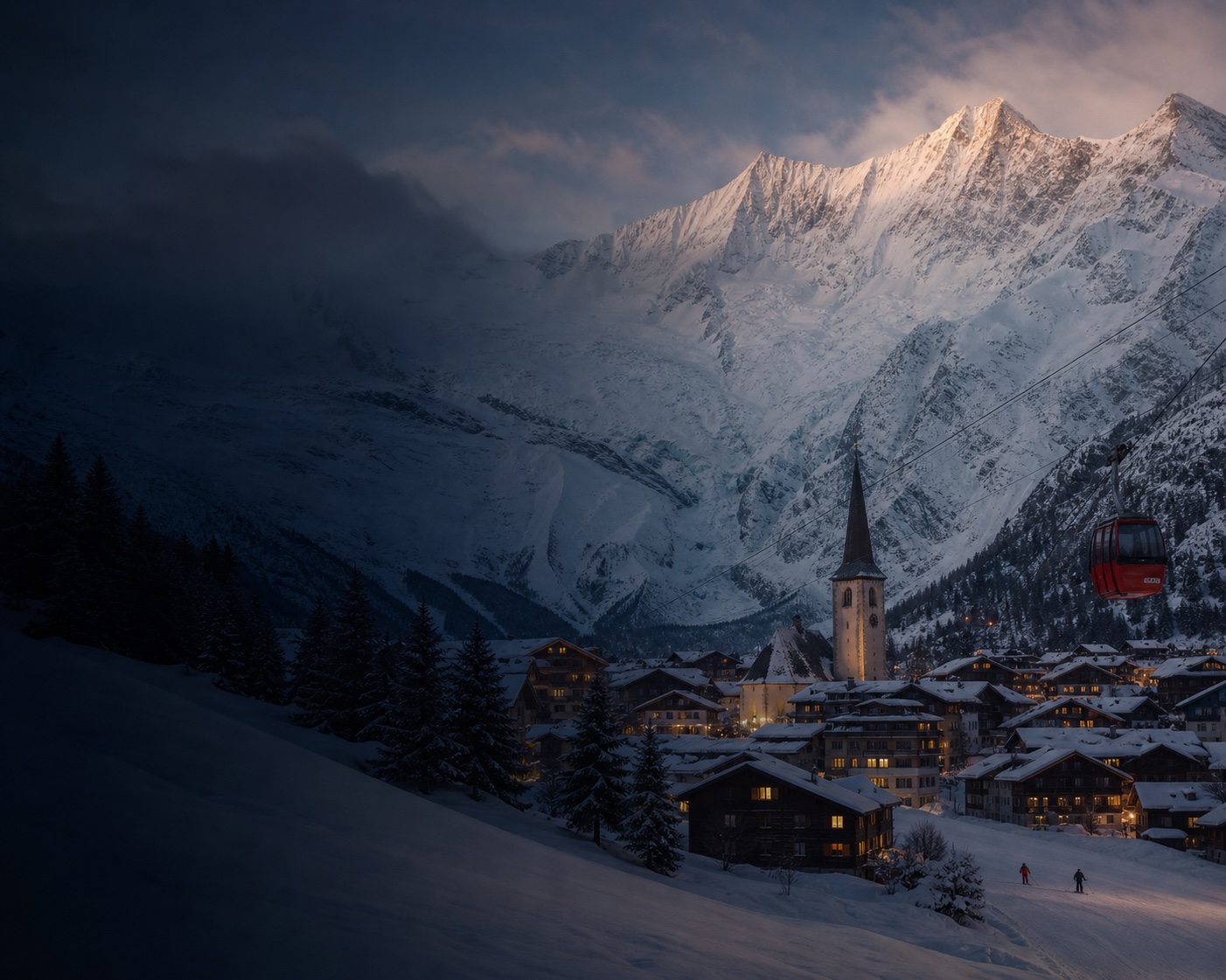 Saas-Fee's glacier village and red gondola beneath the Allalinhorn