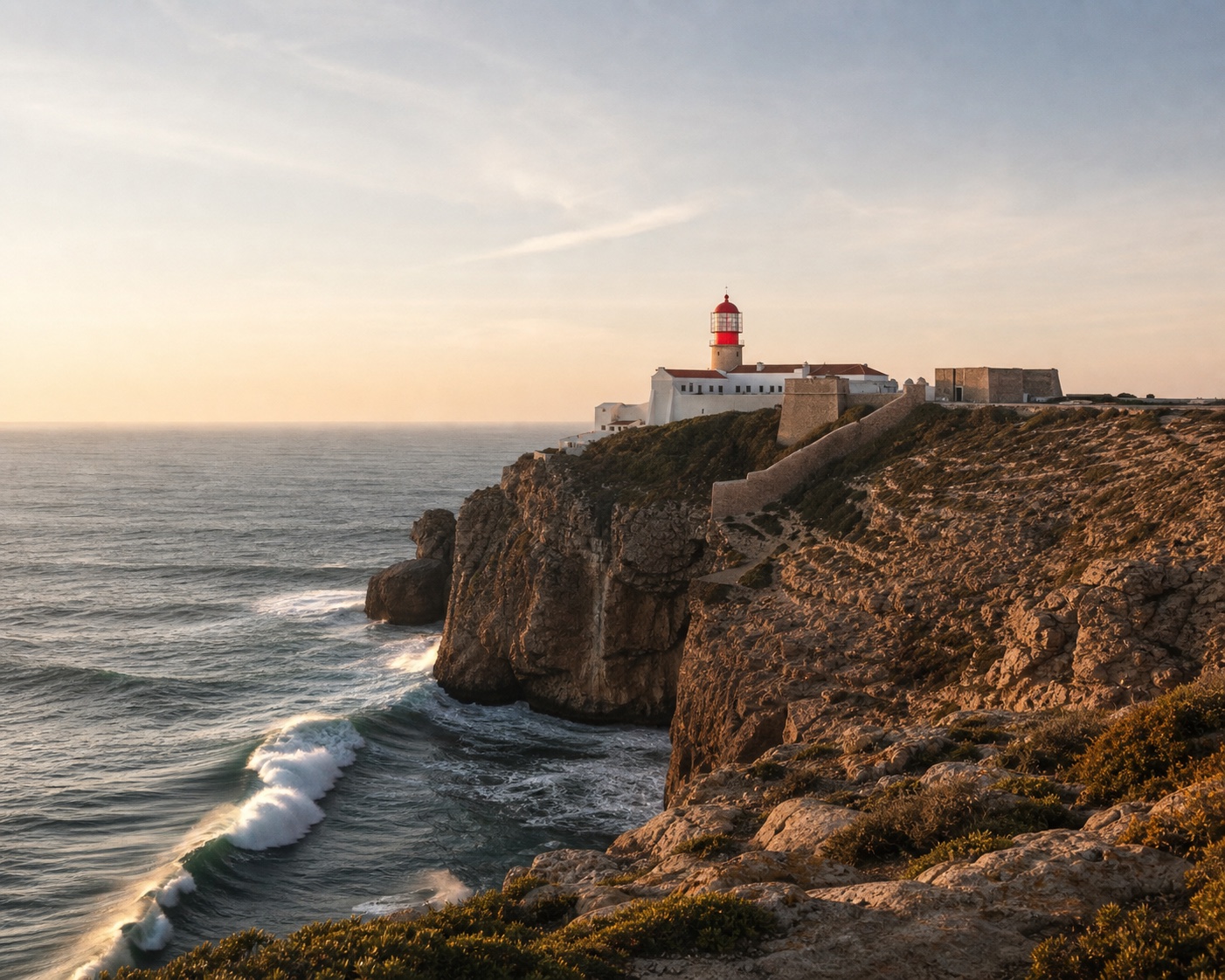 Cape St Vincent lighthouse above the ochre Atlantic cliffs near Sagres