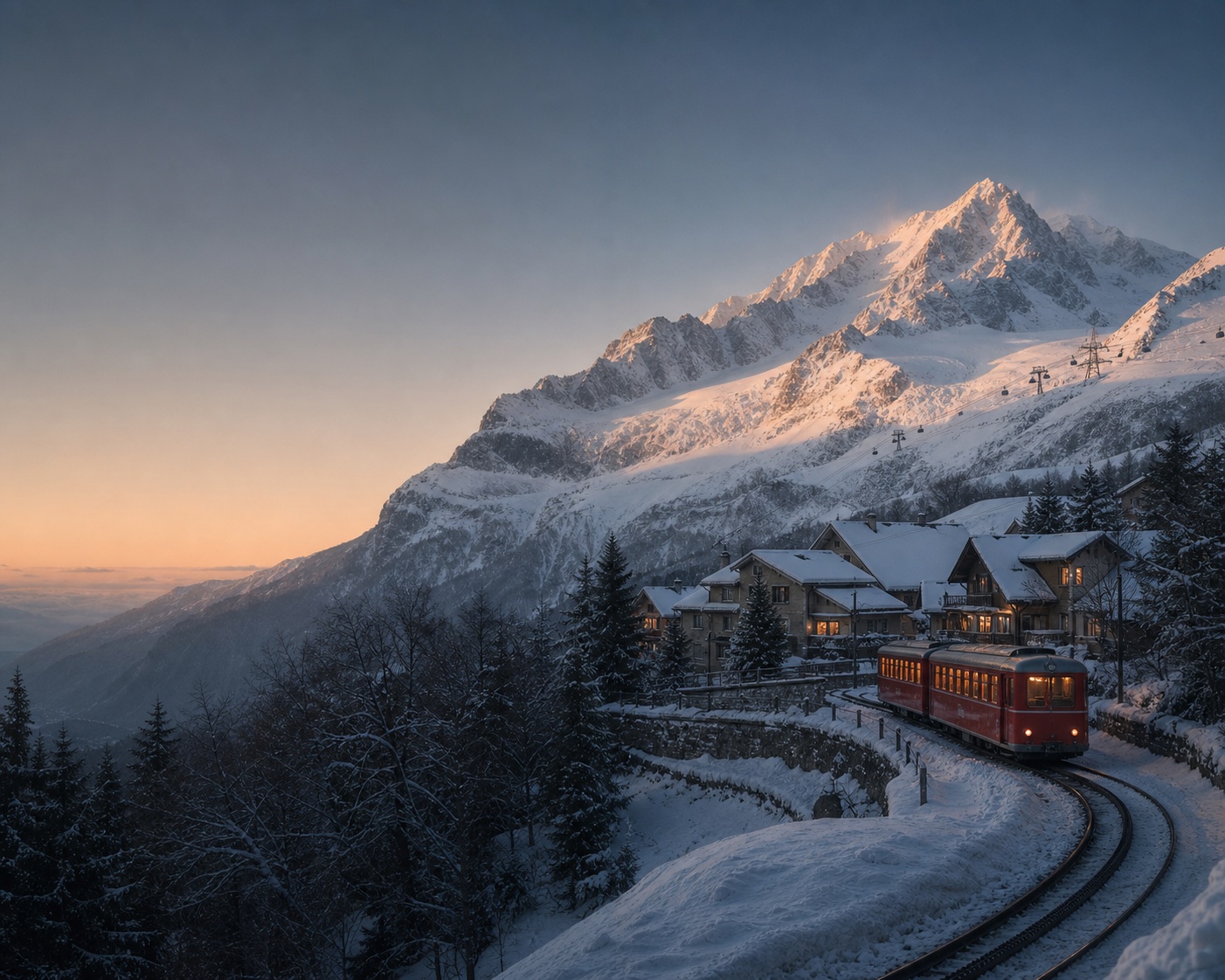 The red Tramway du Mont-Blanc crossing Saint-Gervais beneath snowy peaks
