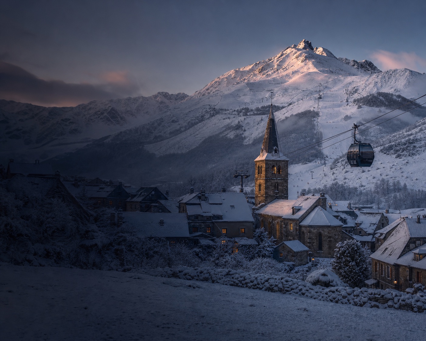 Saint-Lary's stone village, church and gondola beneath the snowy Pyrenees
