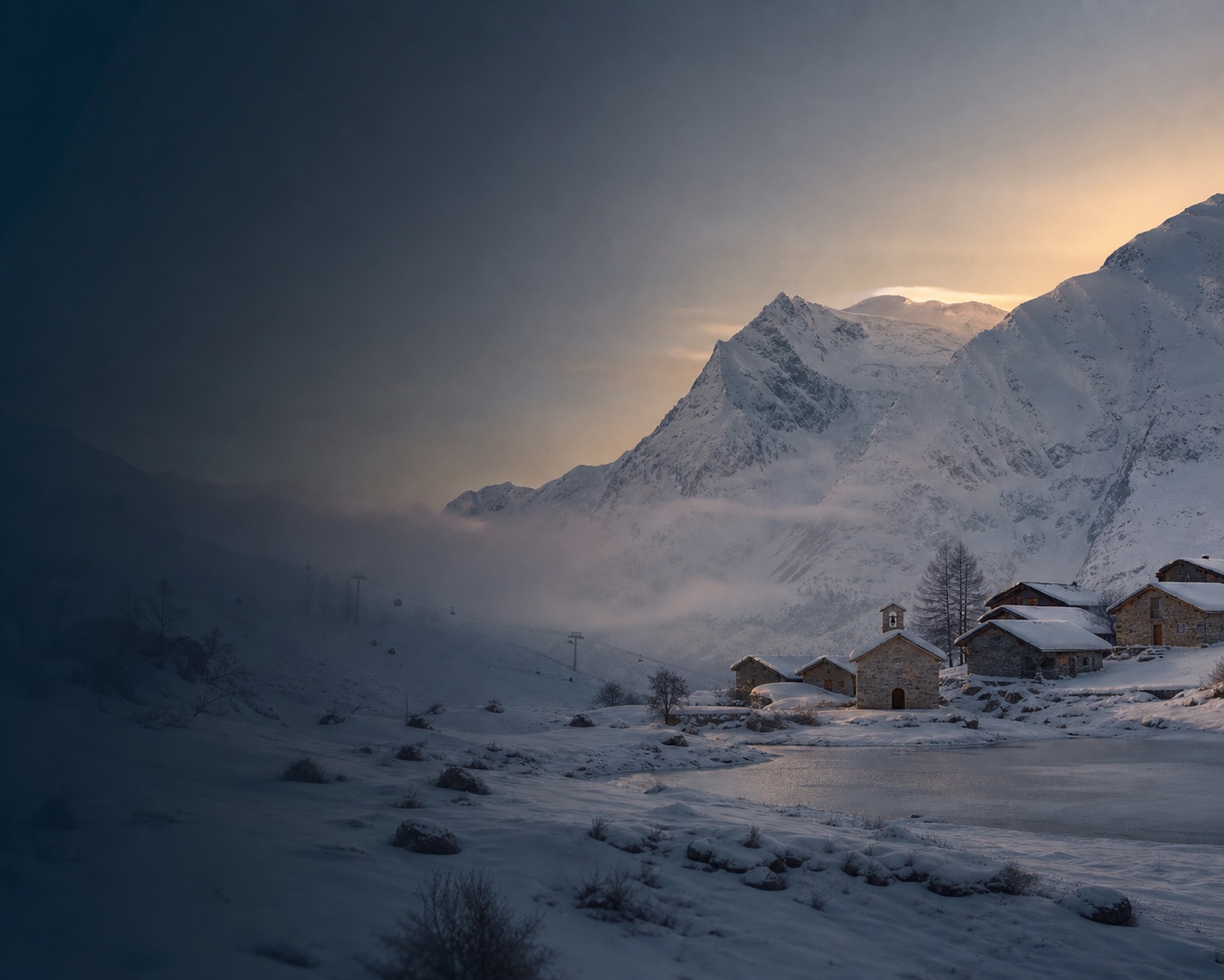 Le Monal's chapel and stone hamlet beneath the Mont Pourri glaciers