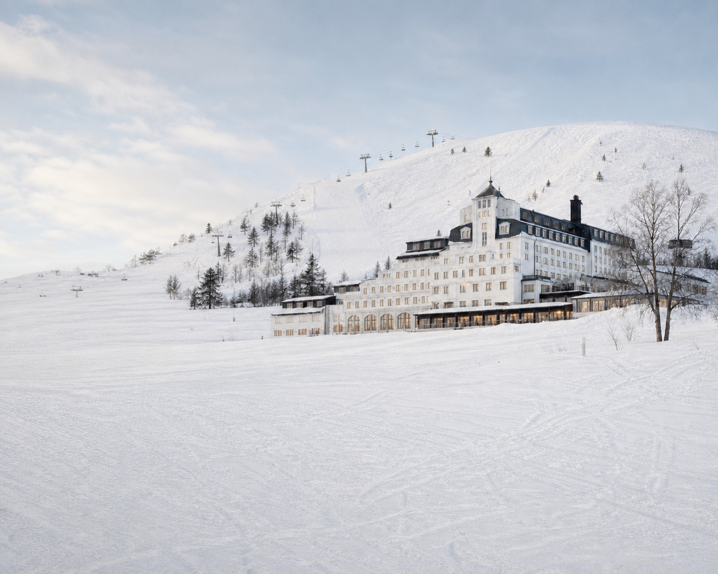 Sälen's historic Högfjällshotellet beneath snowy fells