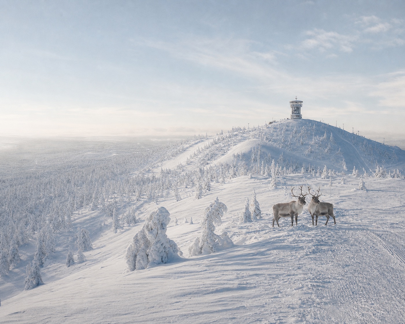 Salla's snowy fell, observation tower and reindeer