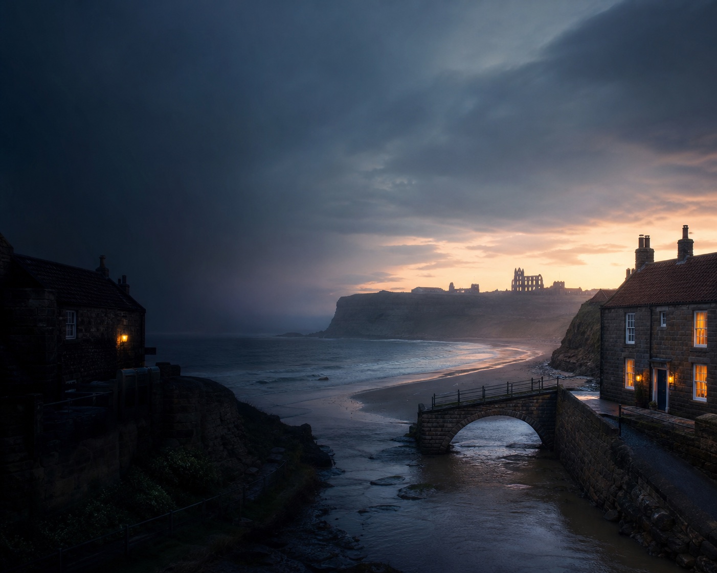 Sandsend's East Beck and cottages with Whitby Abbey on the horizon