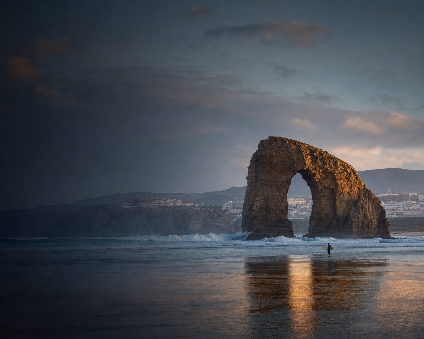 Santa Cruz surf beneath the vast natural window of Penedo do Guincho