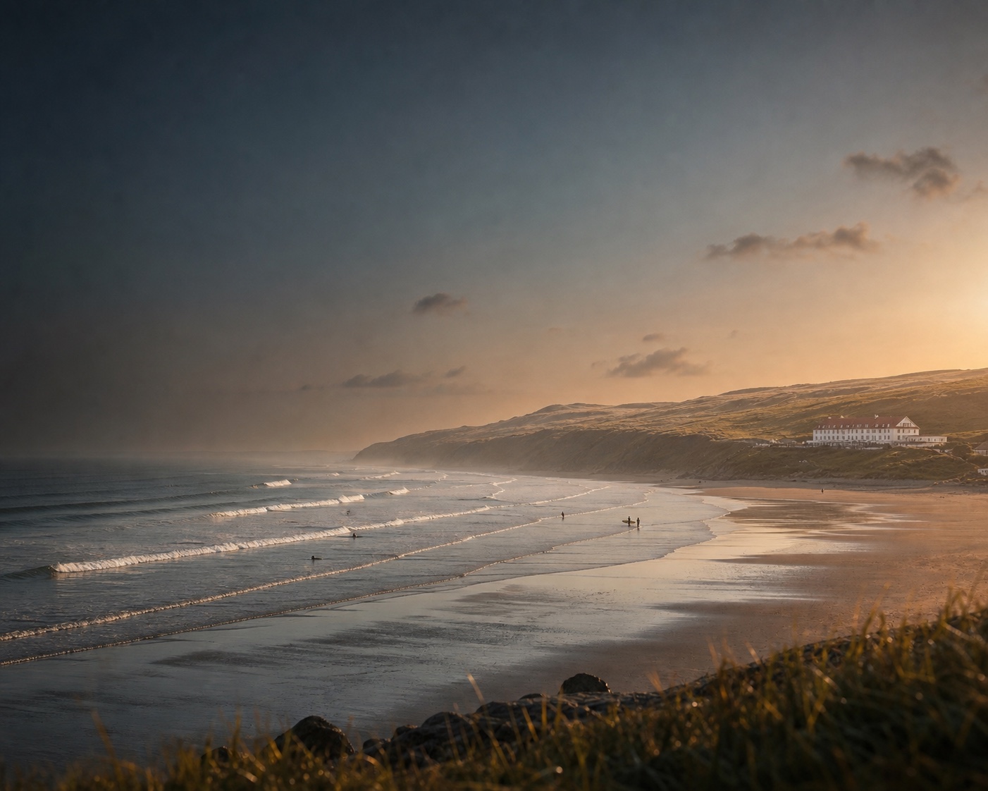 Saunton Sands surf beneath Braunton Burrows and the landmark clifftop hotel